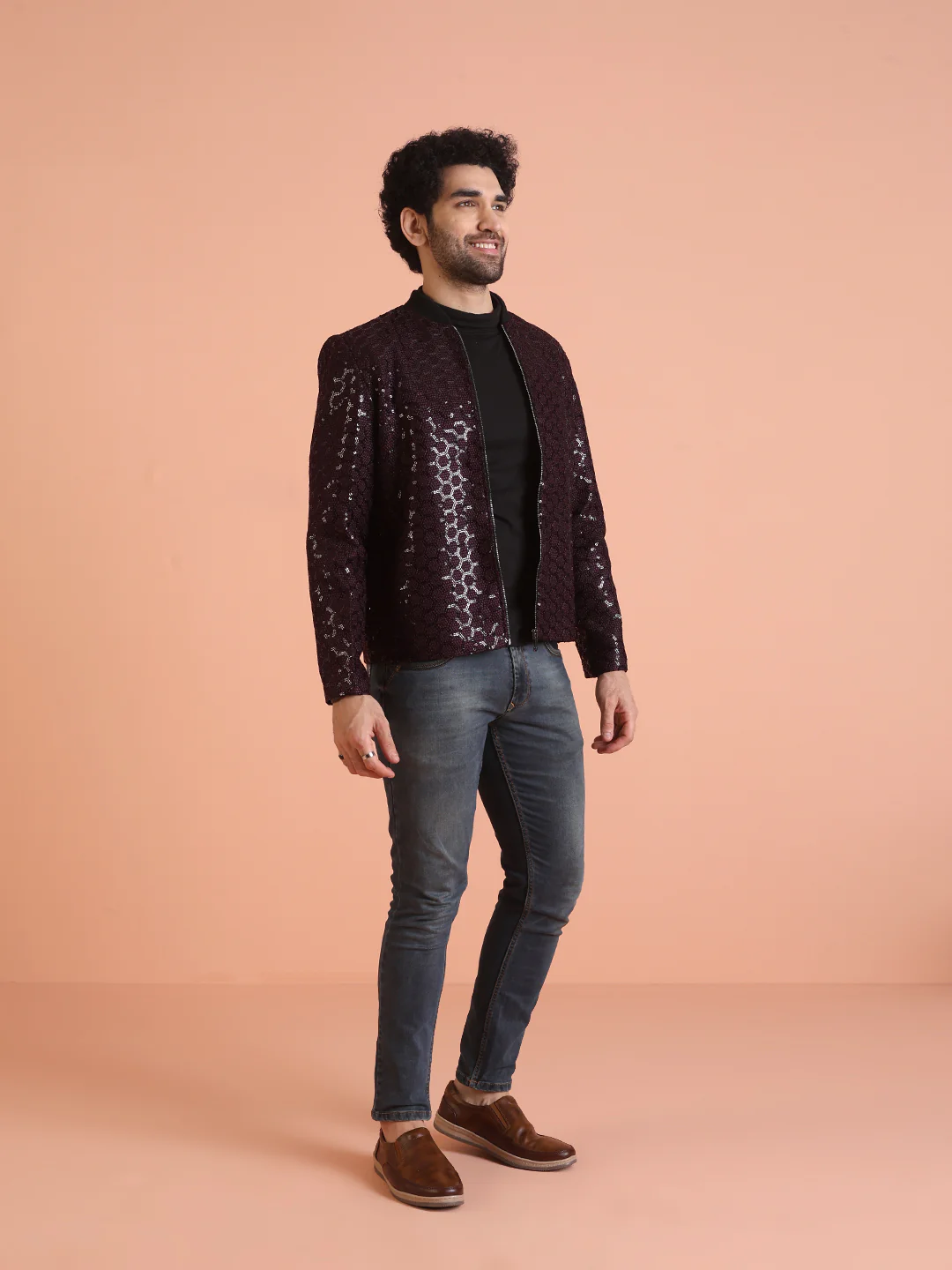 Men Wine Embellished Bomber Jacket with Sequence - Image 2