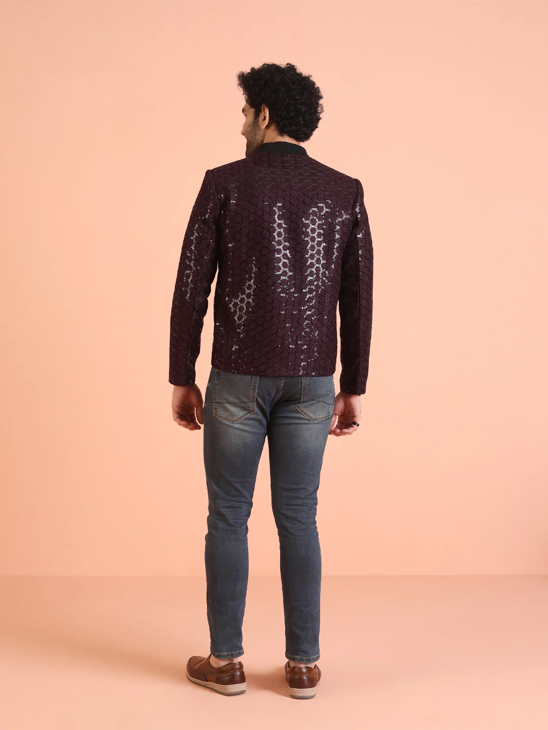 Men Wine Embellished Bomber Jacket with Sequence - Image 3
