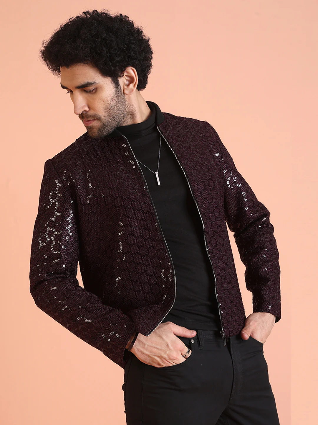 Men Wine Embellished Bomber Jacket with Sequence - Image 5
