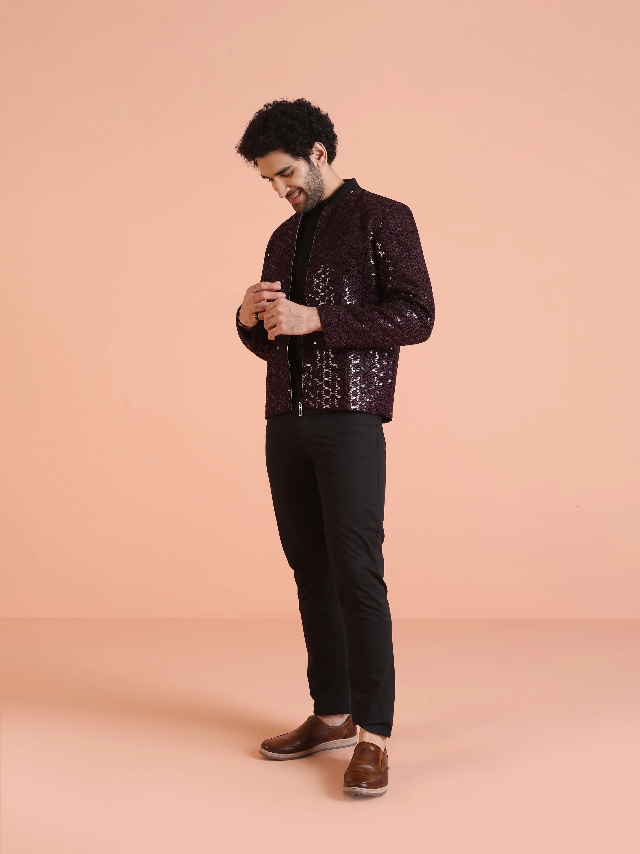 Men Wine Embellished Bomber Jacket with Sequence - Image 6