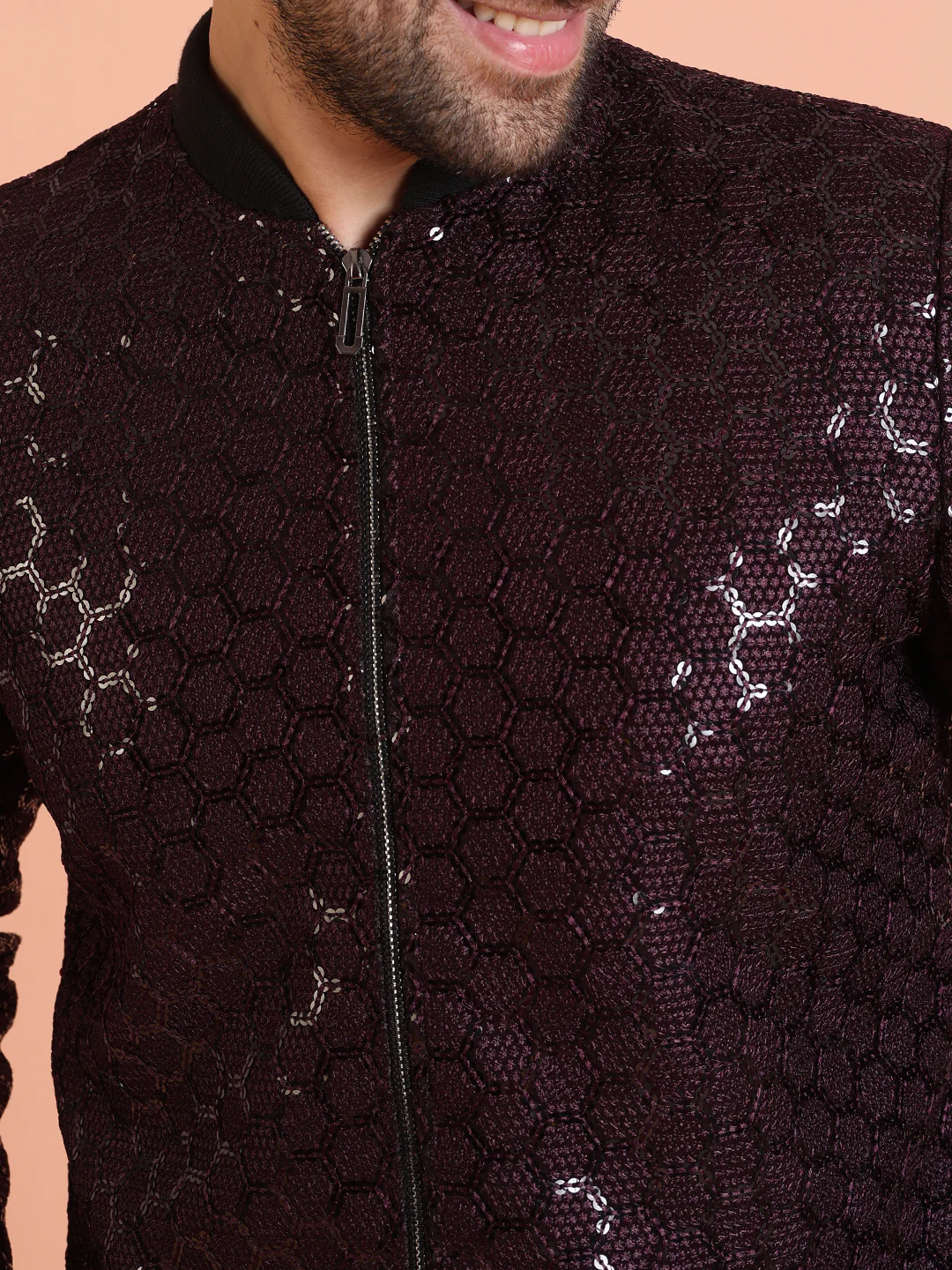 Men Wine Embellished Bomber Jacket with Sequence - Image 7