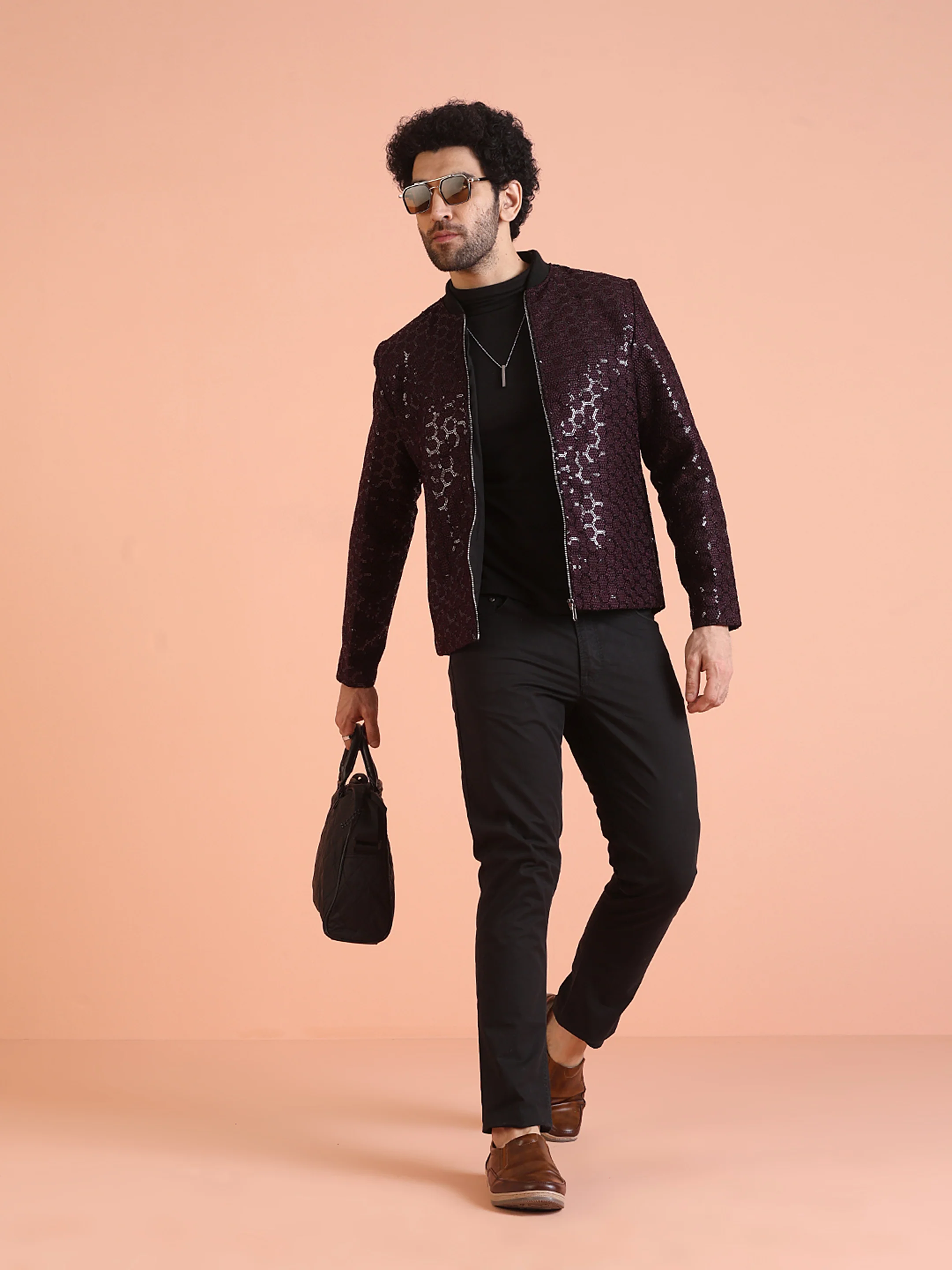 Men Wine Embellished Bomber Jacket with Sequence - Image 8