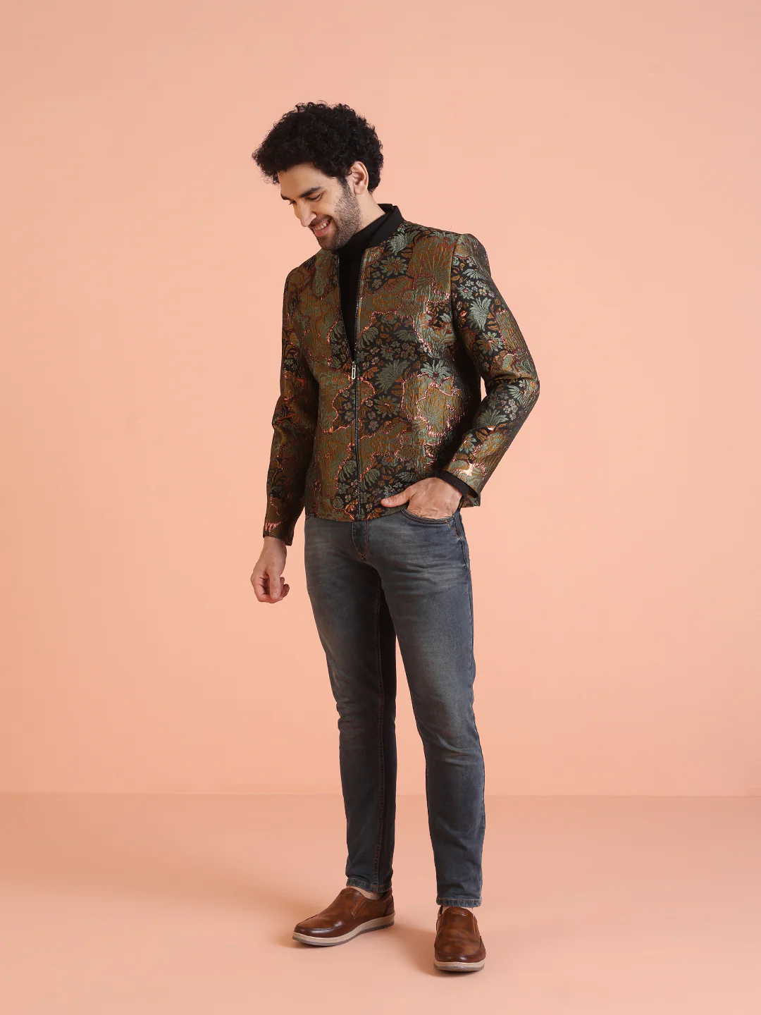 Men Green Abstract Bomber Jacket with Zari Work - Image 2