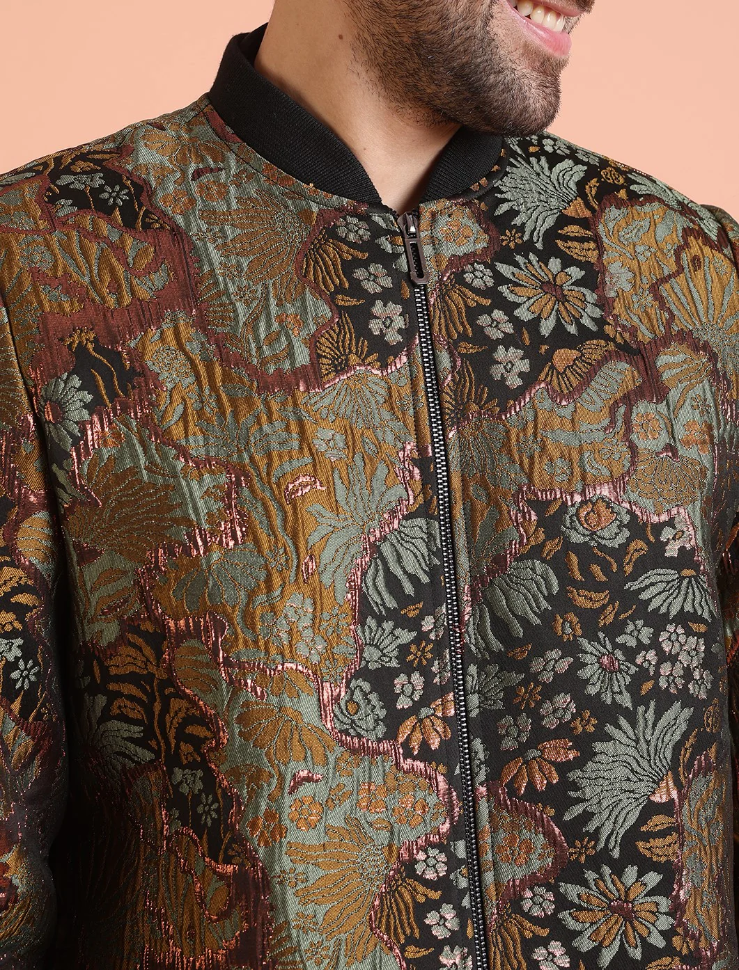 Men Green Abstract Bomber Jacket with Zari Work - Image 5
