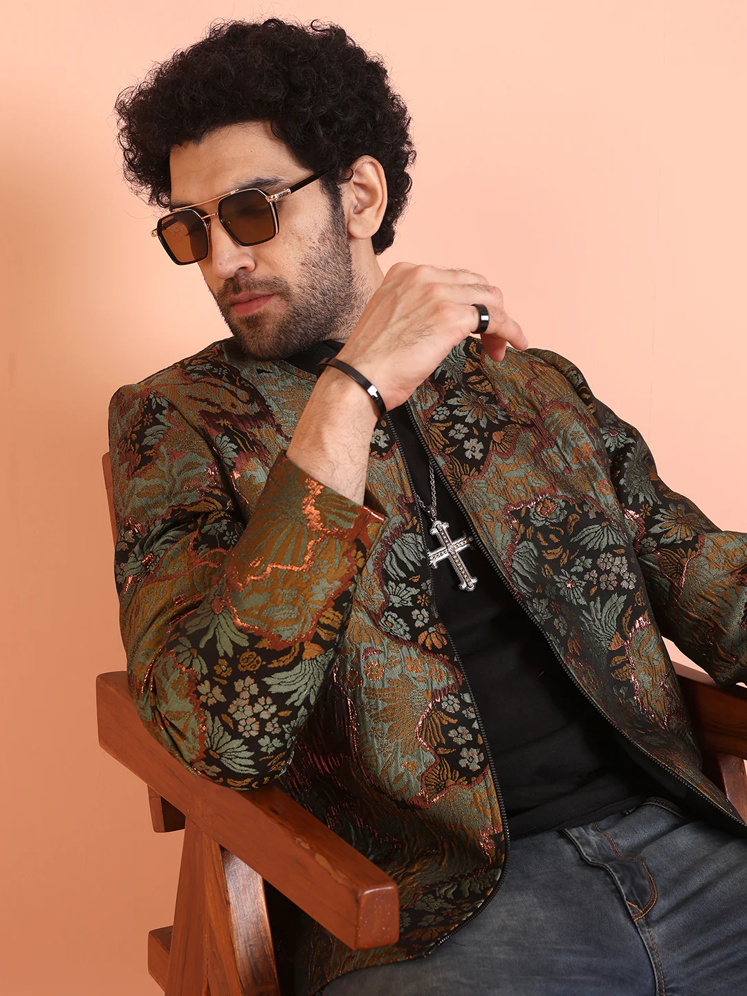 Men Green Abstract Bomber Jacket with Zari Work - Image 8