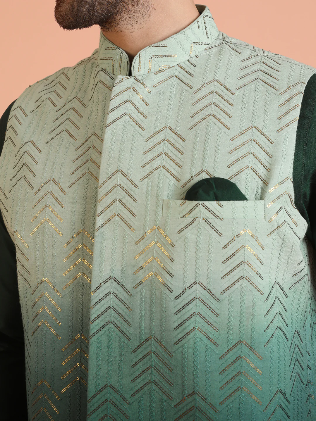 Men Ombre Embellished Sequinned Nehru Jacket - Image 5