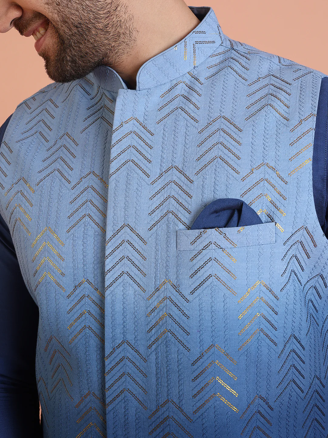 Men Ombre Embellished Sequinned Nehru Jacket - Image 5