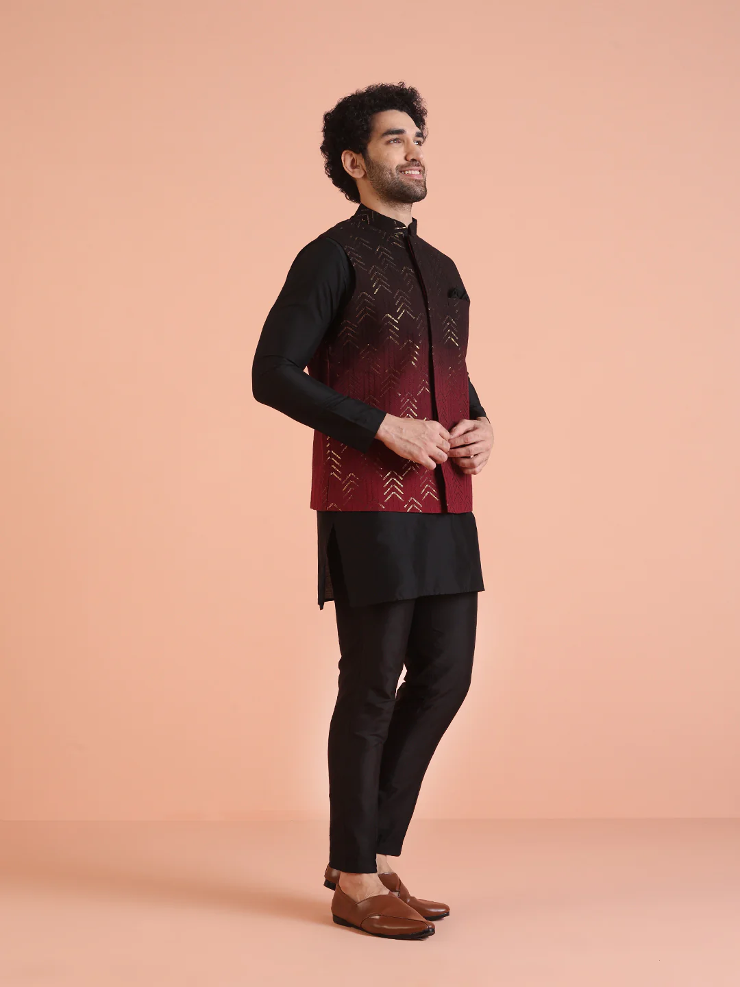 Men Ombre Embellished Sequinned Nehru Jacket - Image 2