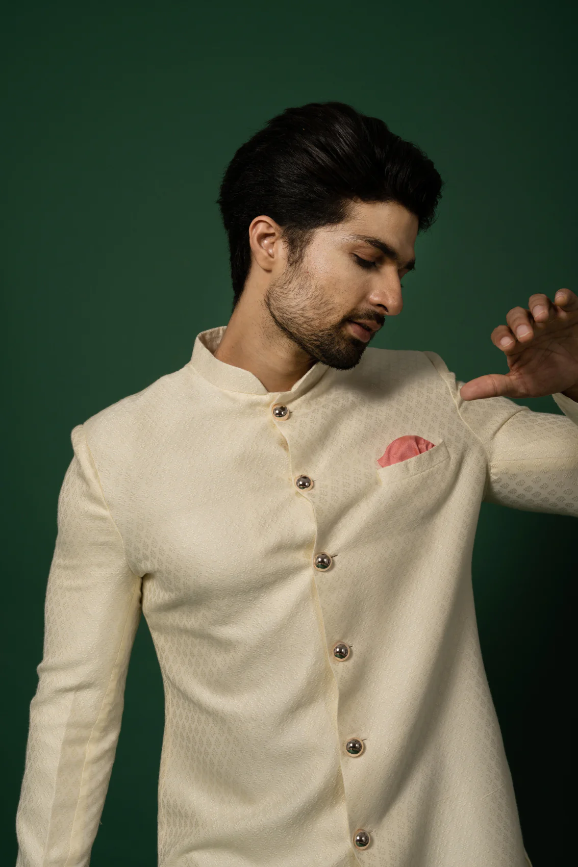 Cream Textured Sherwani with Churidar - Image 5
