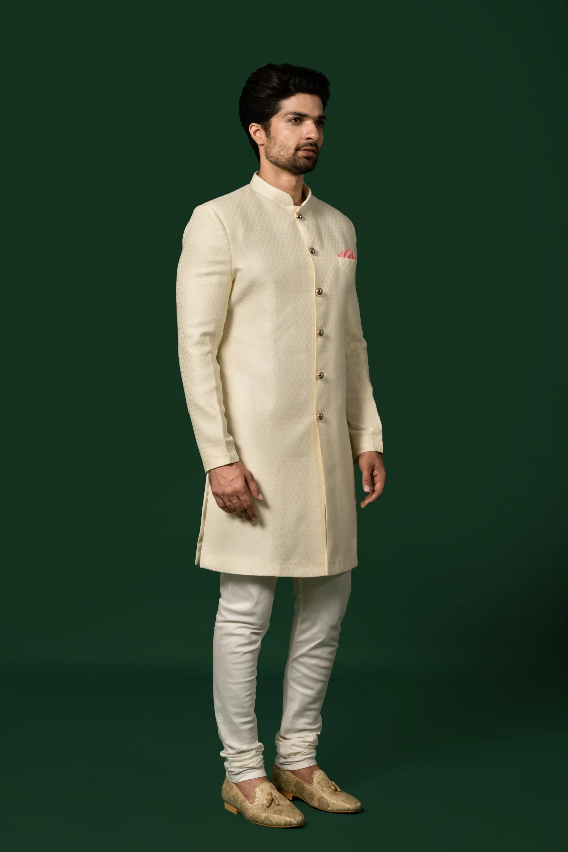 Cream Textured Sherwani with Churidar - Image 6