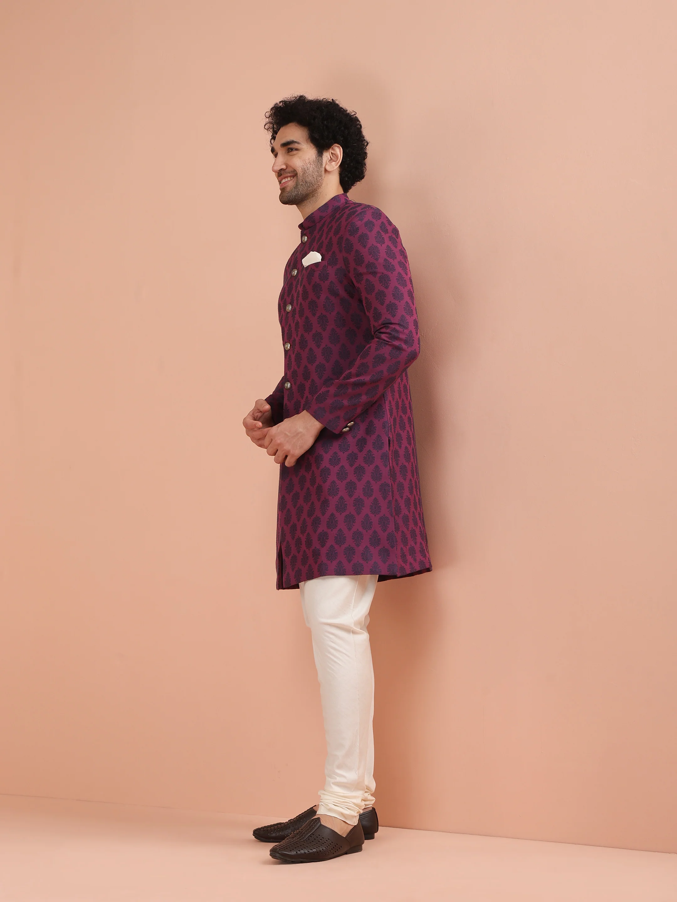 Wine Jacquard Sherwani with Cream Churidar - Image 2