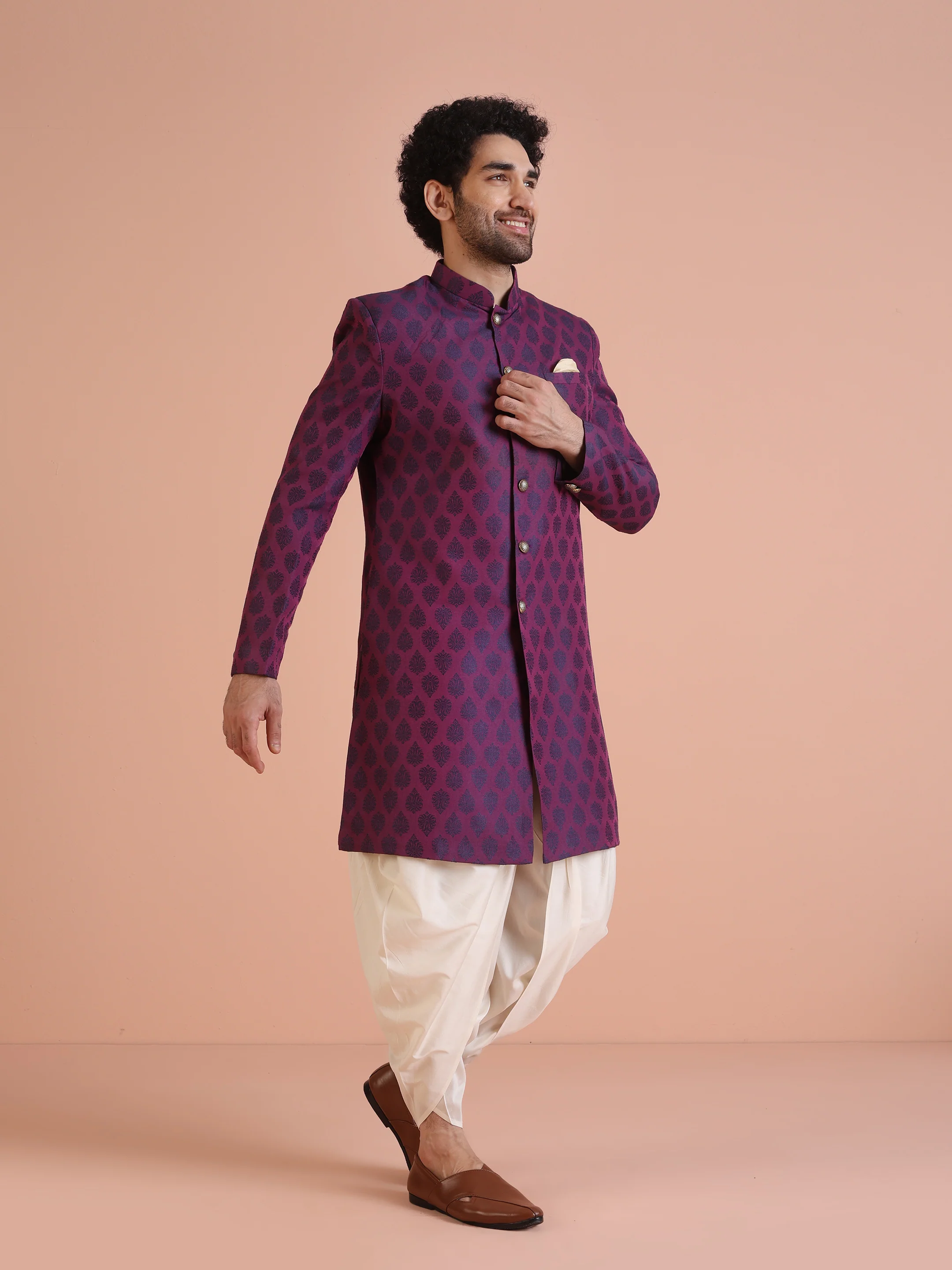 Wine Jacquard Sherwani with Cream Dhoti - Image 2
