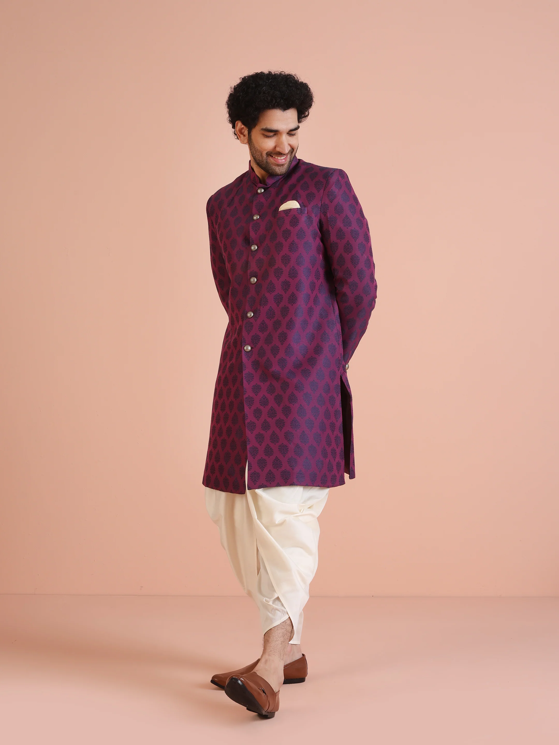Wine Jacquard Sherwani with Cream Dhoti - Image 3