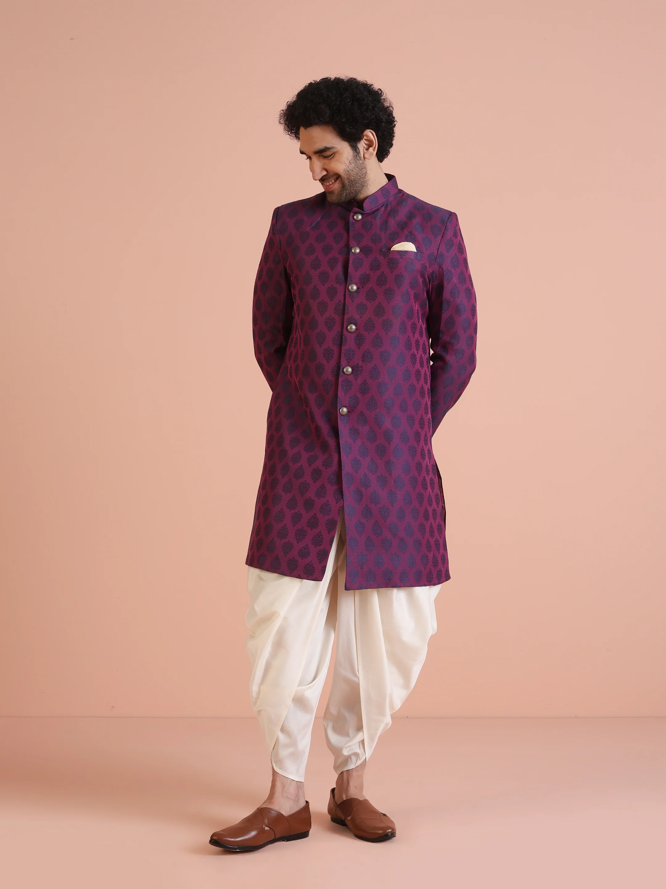 Wine Jacquard Sherwani with Cream Dhoti - Image 7