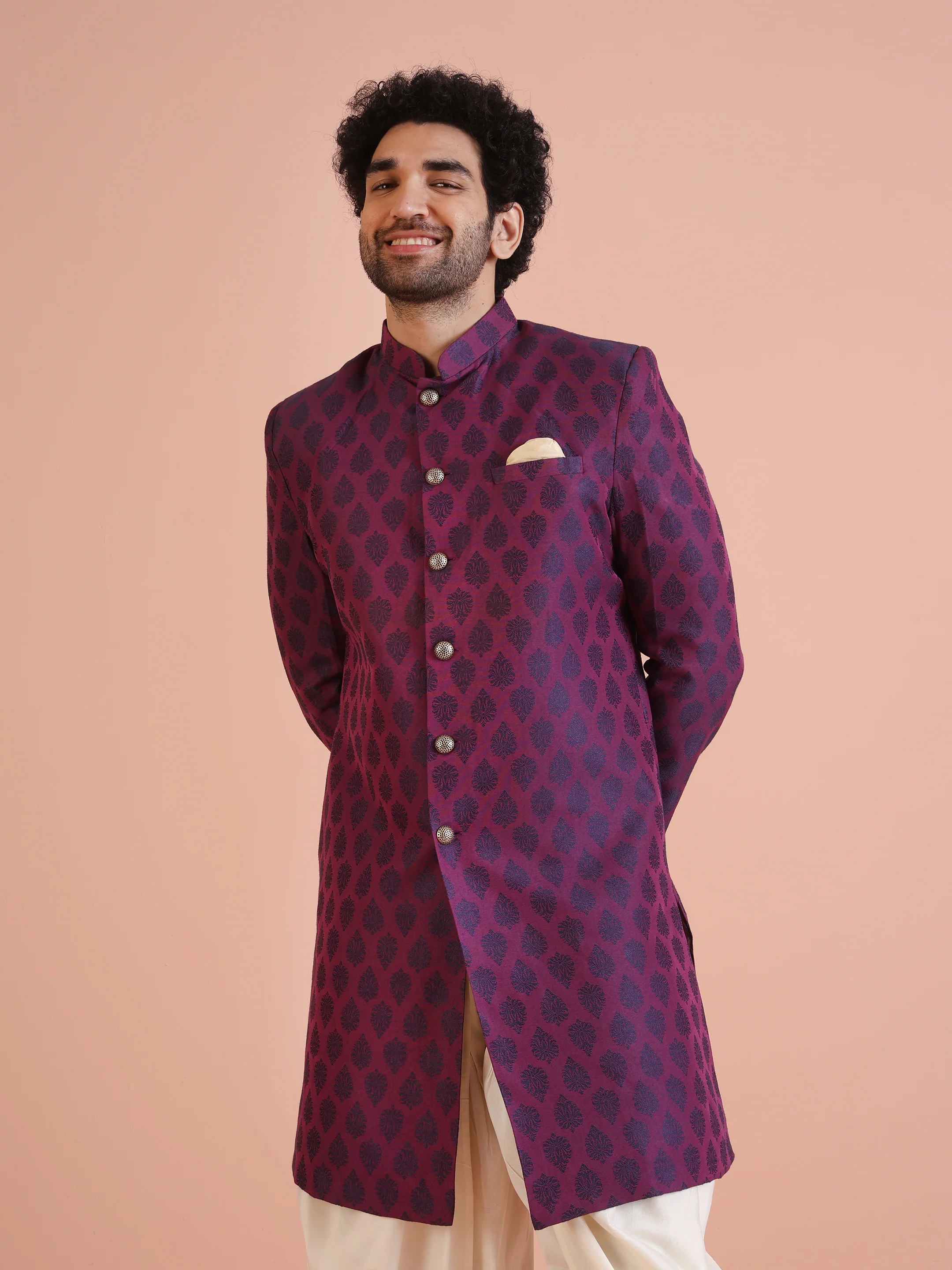 Wine Jacquard Sherwani with Cream Dhoti - Image 8