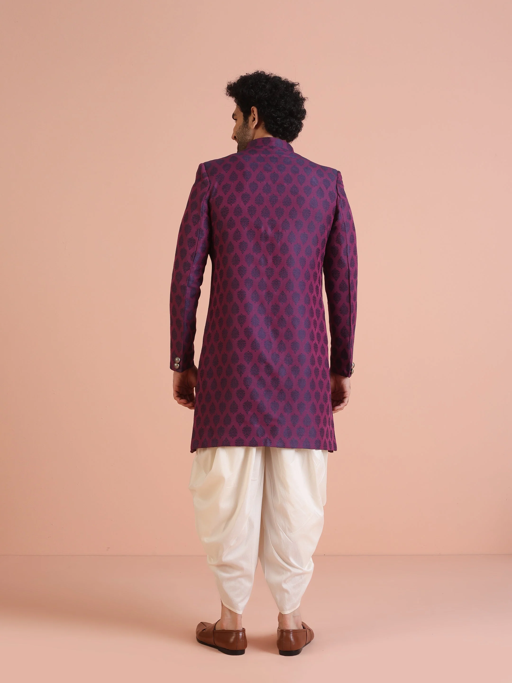 Wine Jacquard Sherwani with Cream Dhoti - Image 9