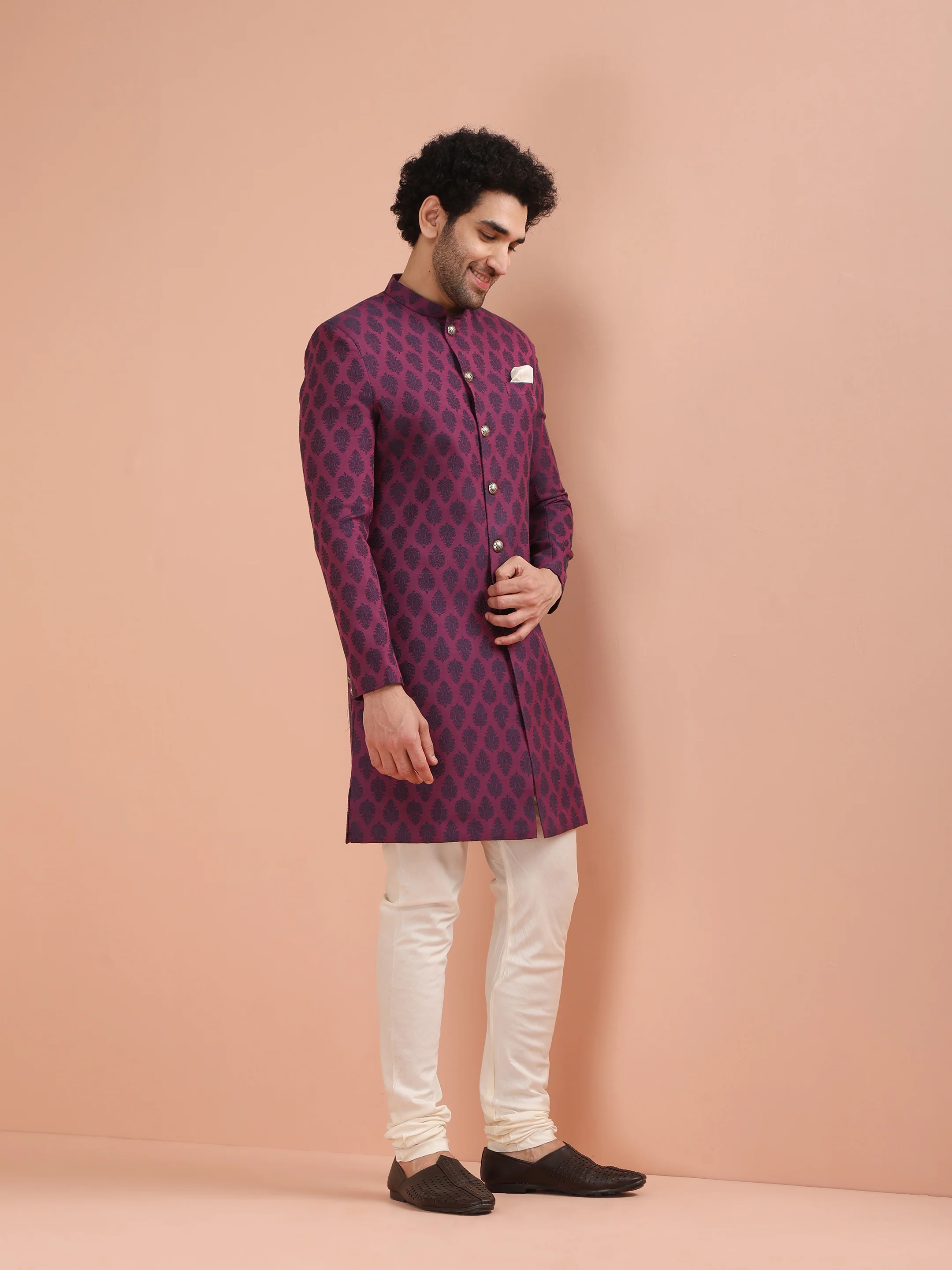 Wine Printed Sherwani Trouser Set - Image 2