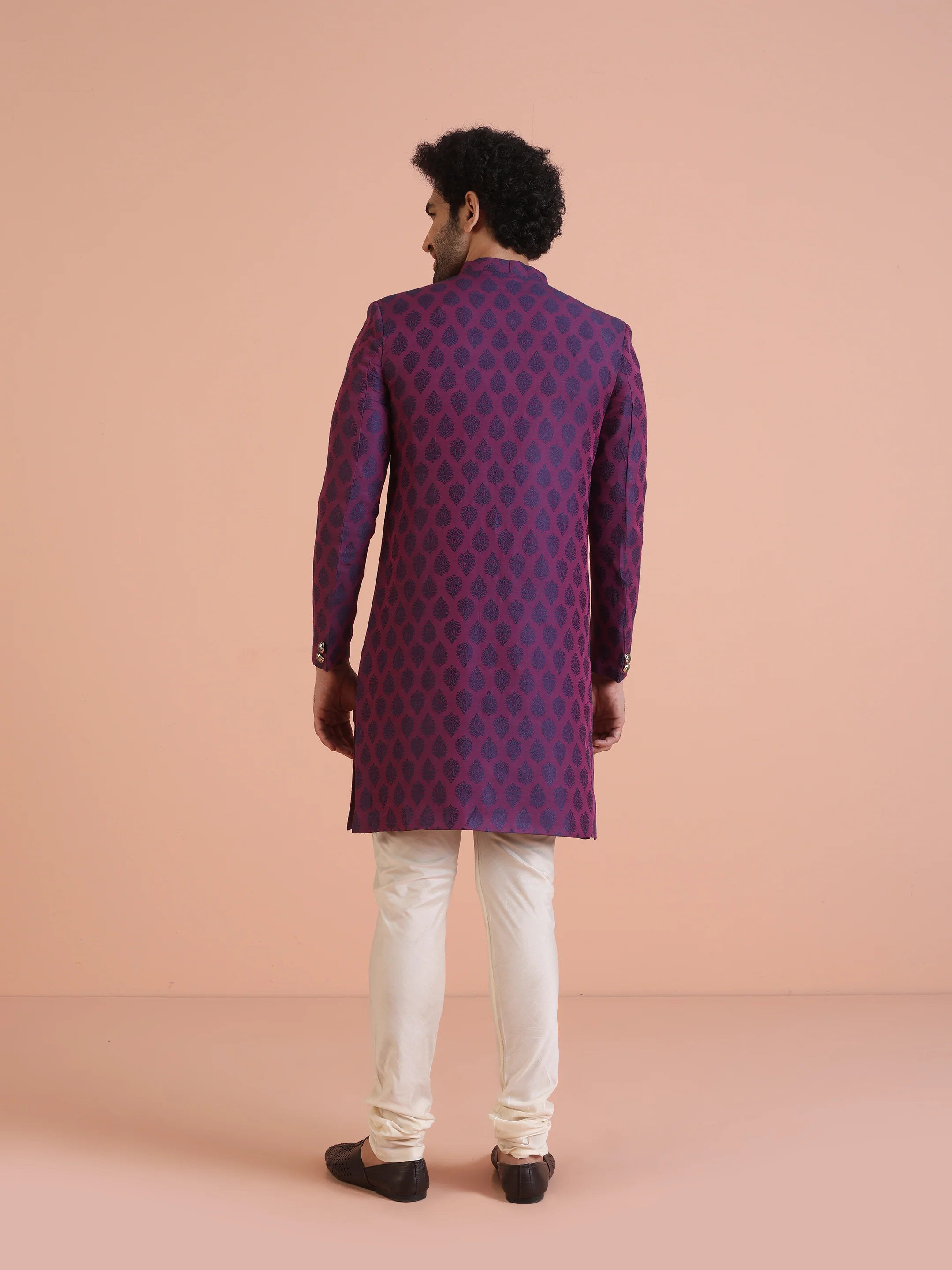 Wine Printed Sherwani Trouser Set - Image 4