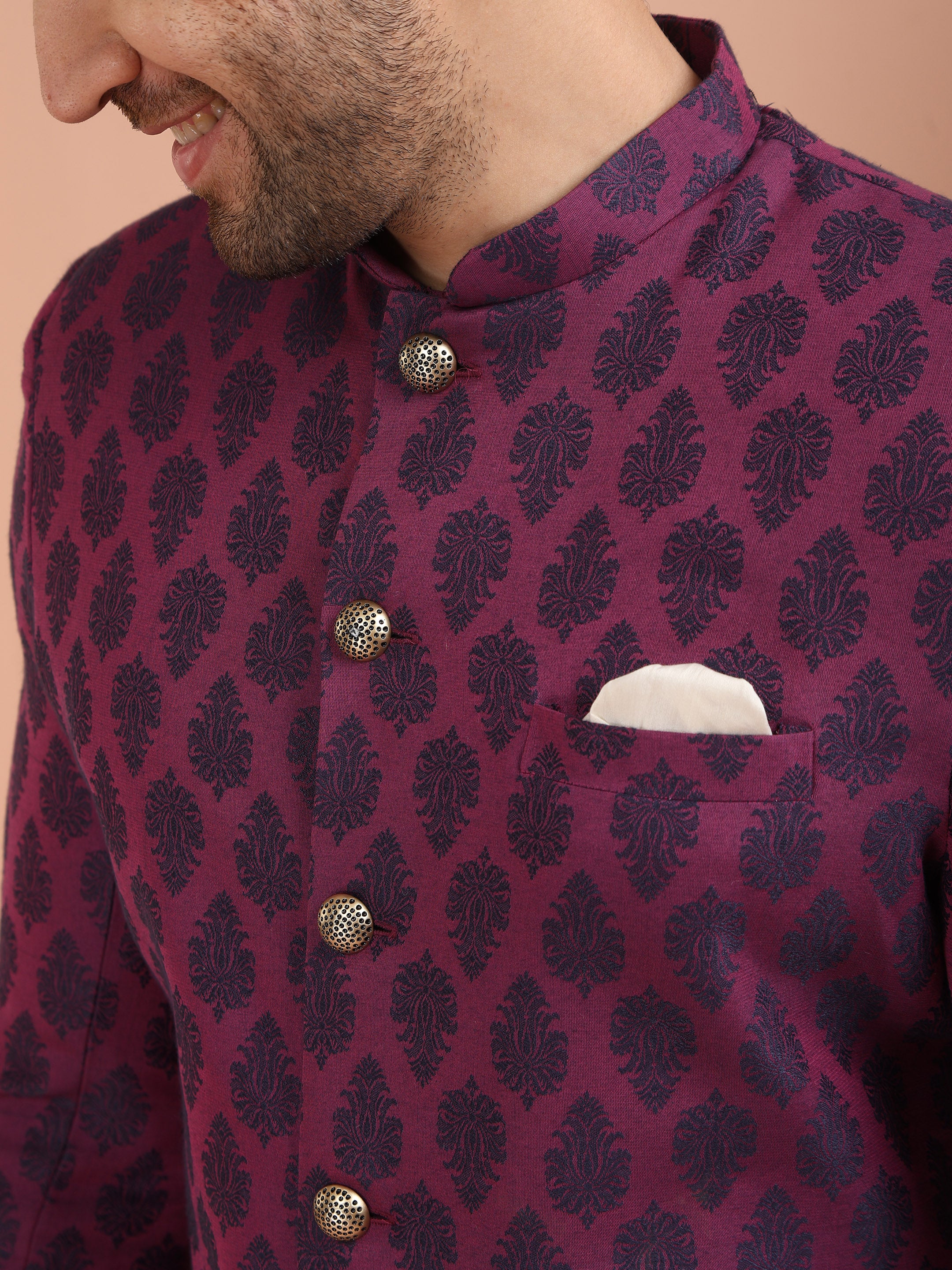Wine Printed Sherwani Trouser Set - Image 5