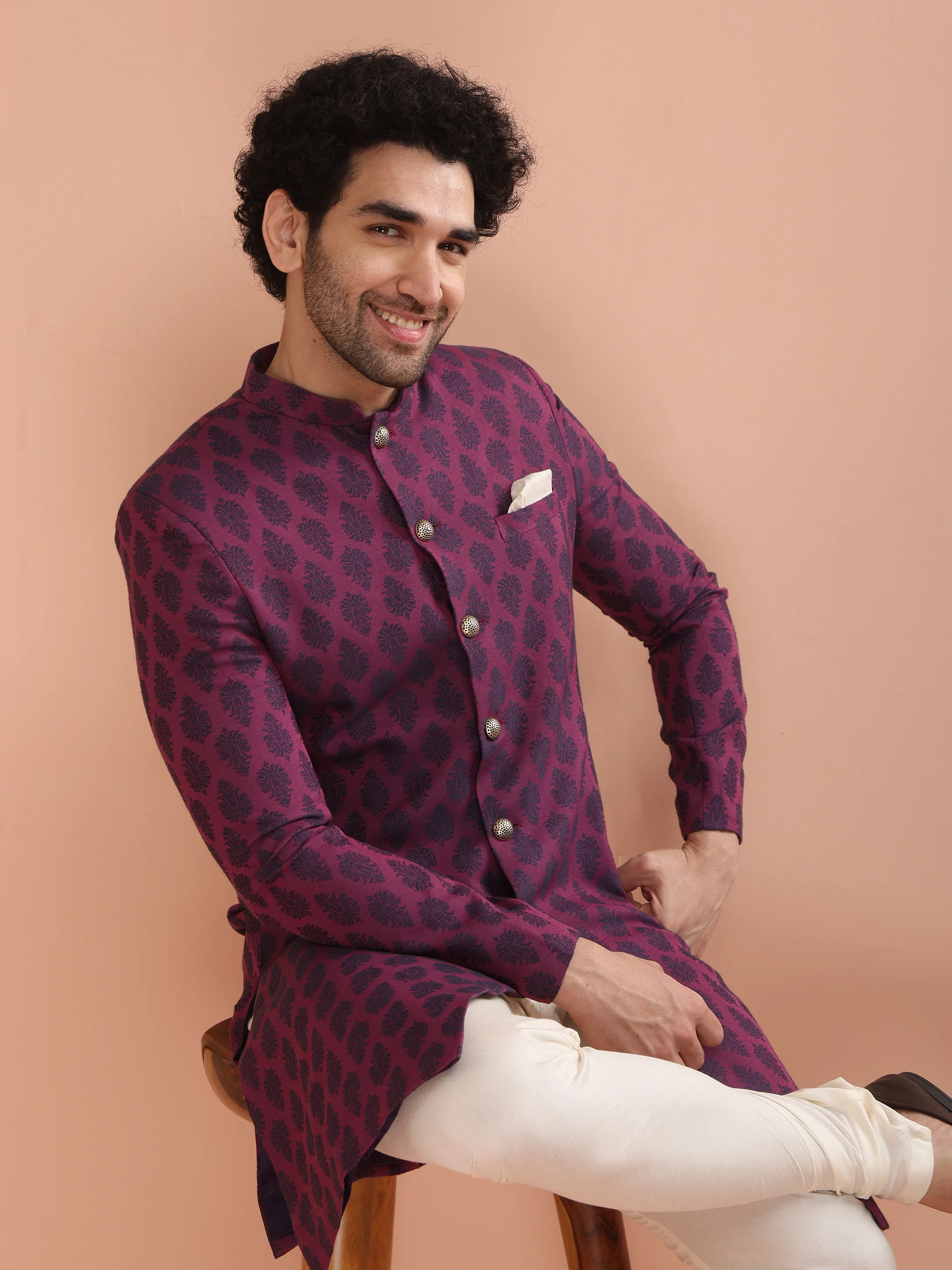 Wine Printed Sherwani Trouser Set - Image 7