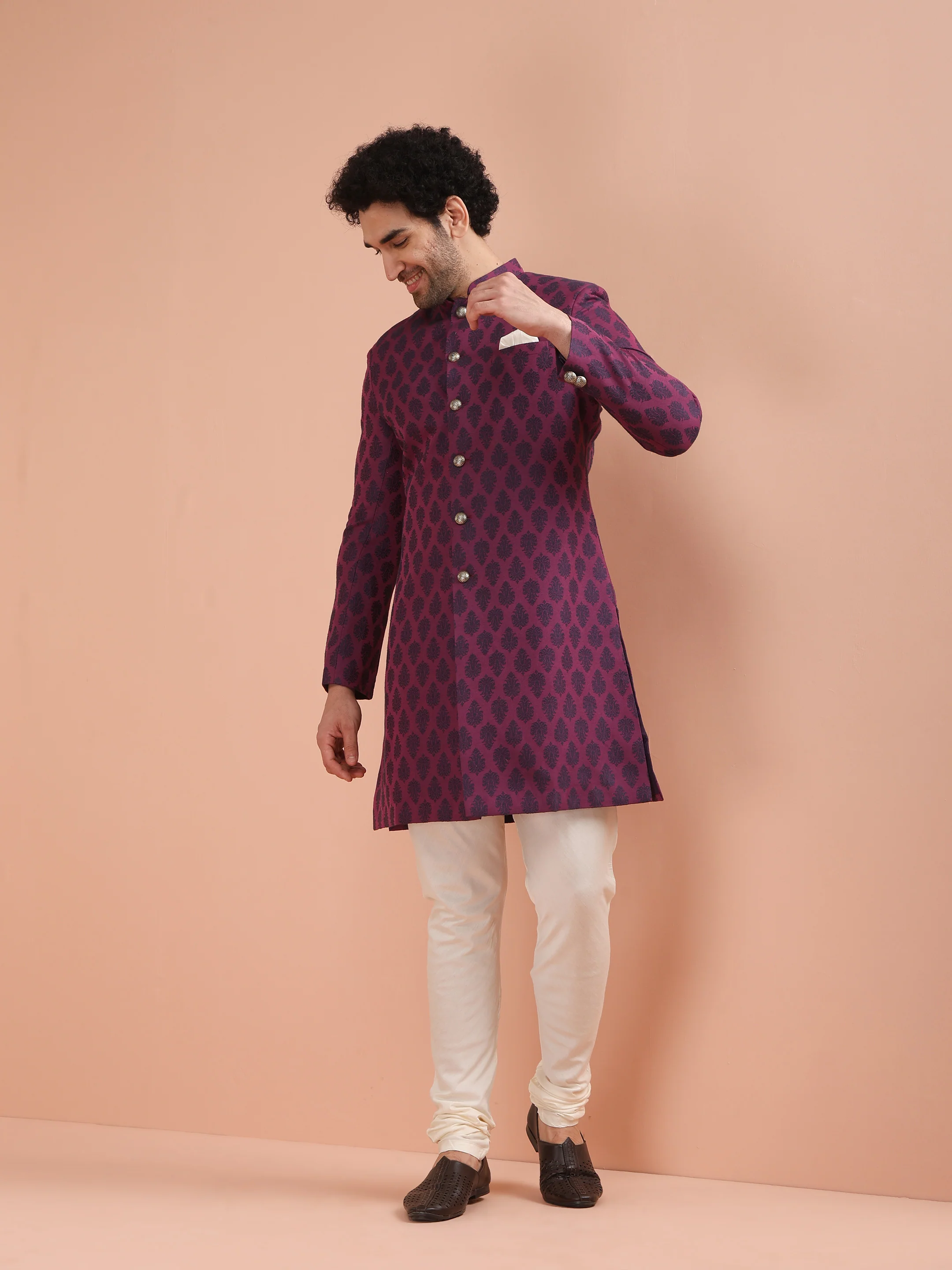 Wine Printed Sherwani Trouser Set - Image 8