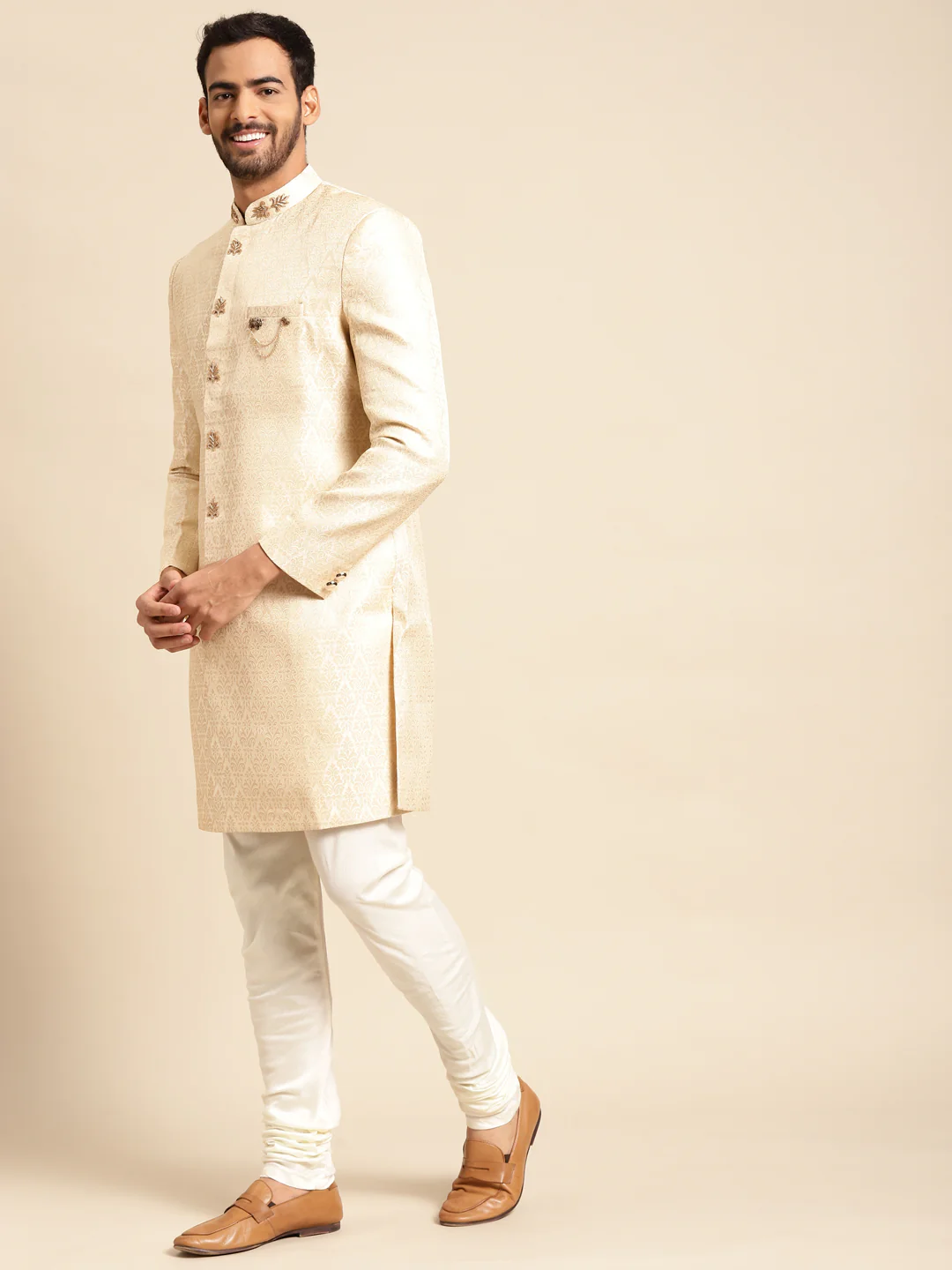 Men Cream Textured Solid Indowestern Churidar with Dupatta Set - Image 6