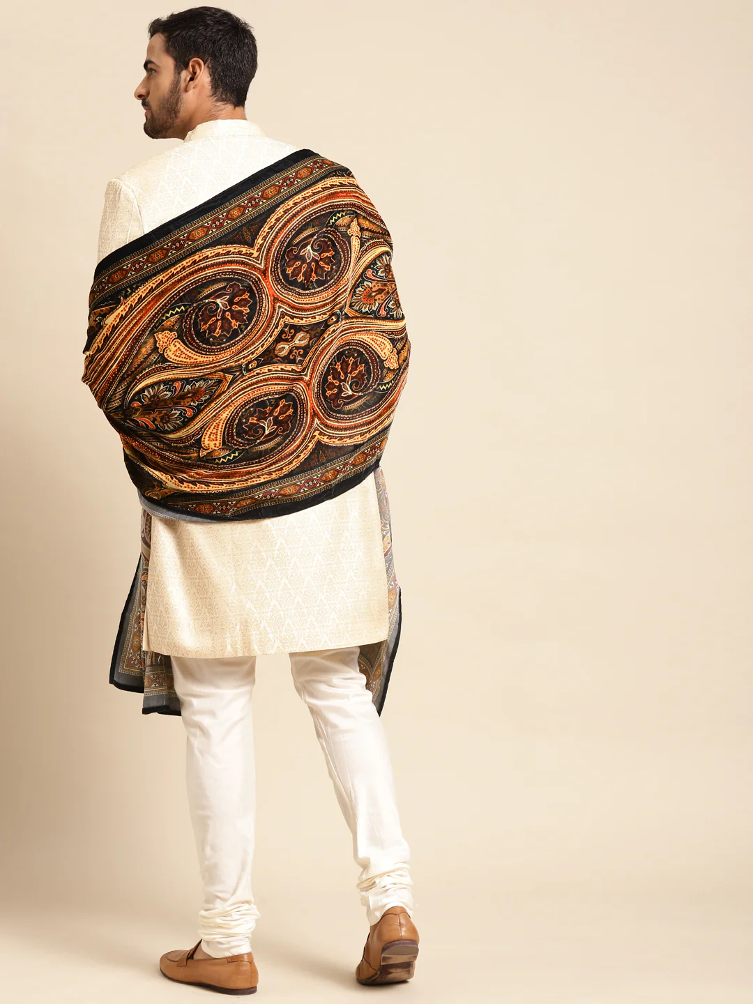 Men Cream Textured Solid Indowestern Churidar with Dupatta Set - Image 7