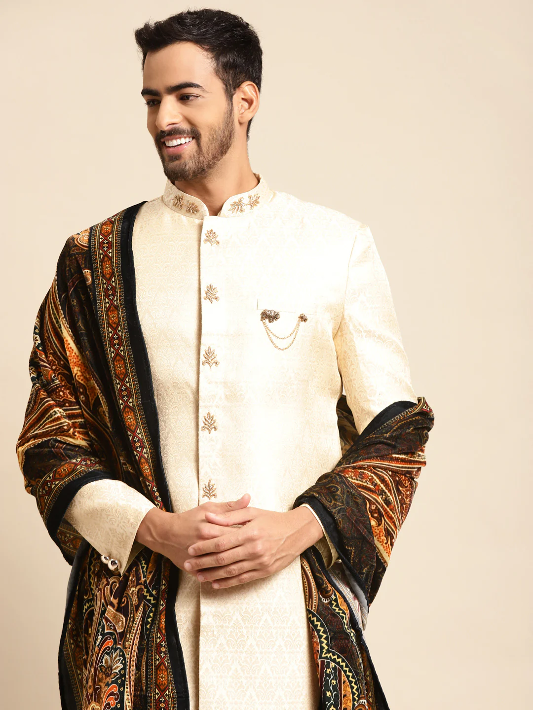 Men Cream Textured Solid Indowestern Churidar with Dupatta Set - Image 8