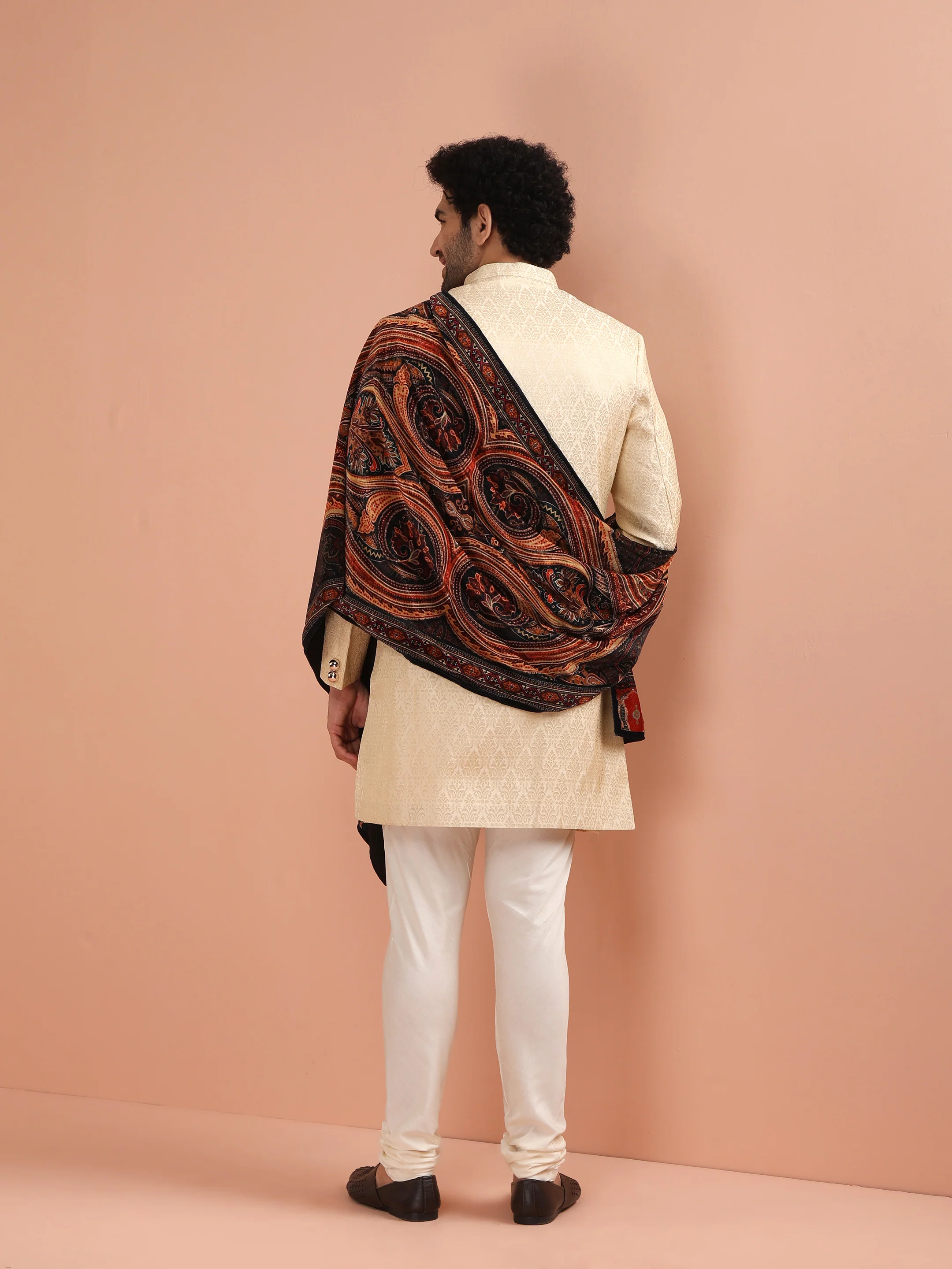 Men Cream Jacquard Indowestern Churidar Set with Dupatta with Ethnic Motifs - Image 3
