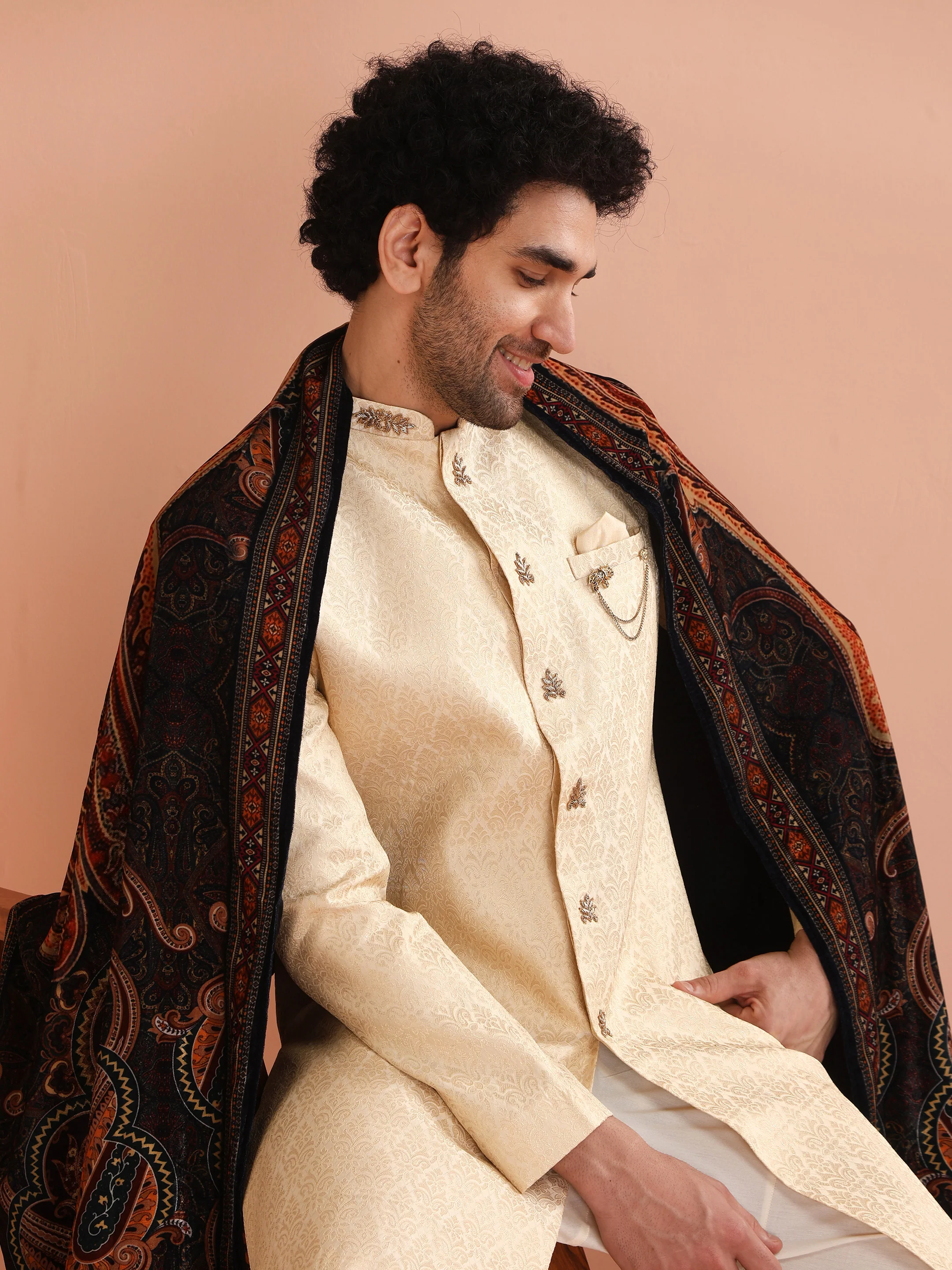 Men Cream Jacquard Indowestern Churidar Set with Dupatta with Ethnic Motifs - Image 7