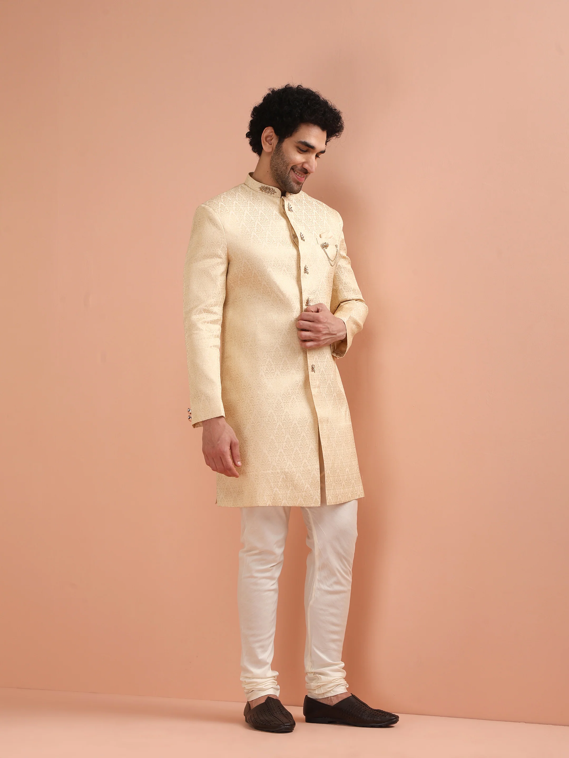 Men Cream Jacquard Indowestern Churidar Set with Ethnic Motifs - Image 2