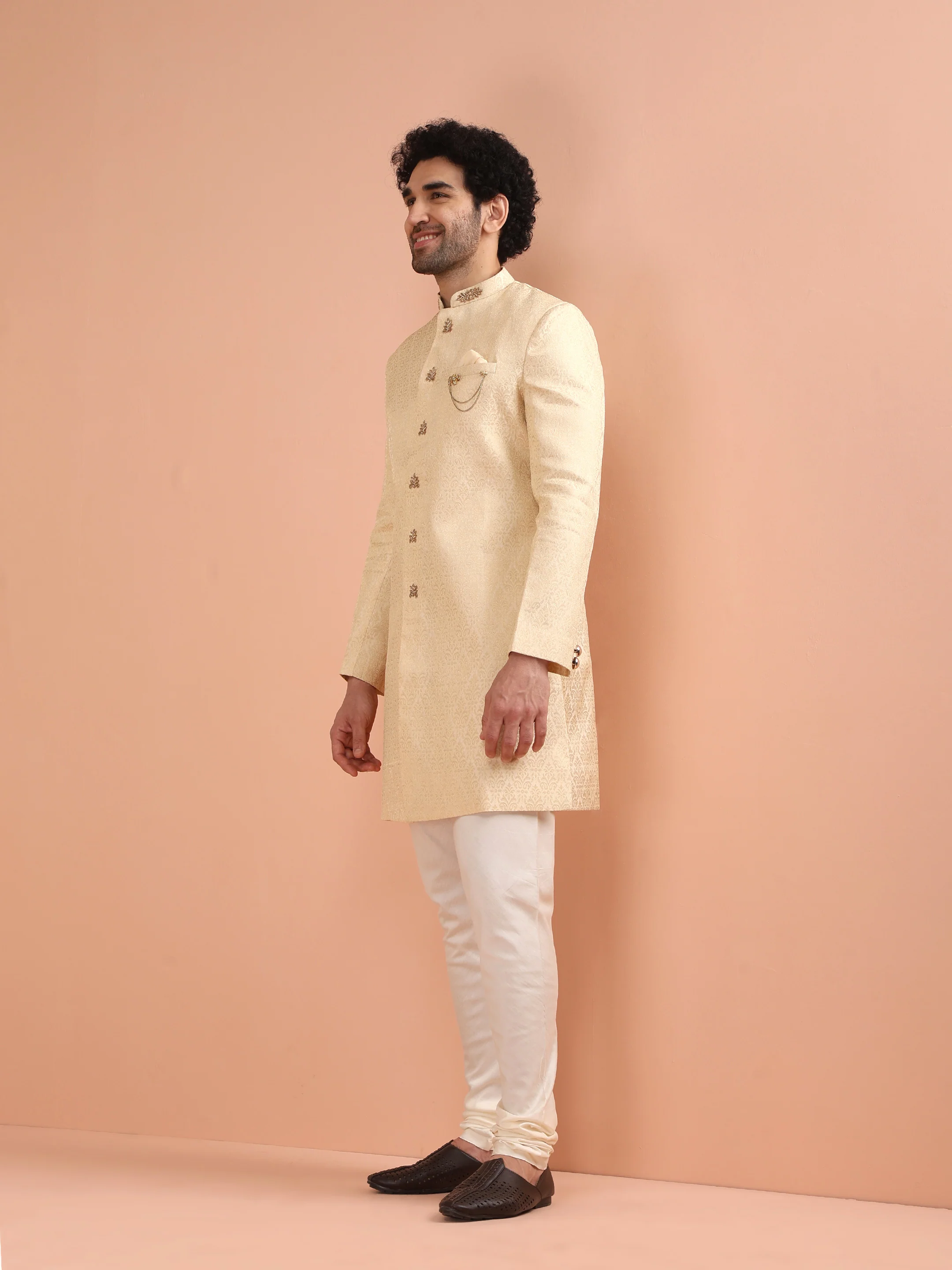Men Cream Jacquard Indowestern Churidar Set with Ethnic Motifs - Image 3