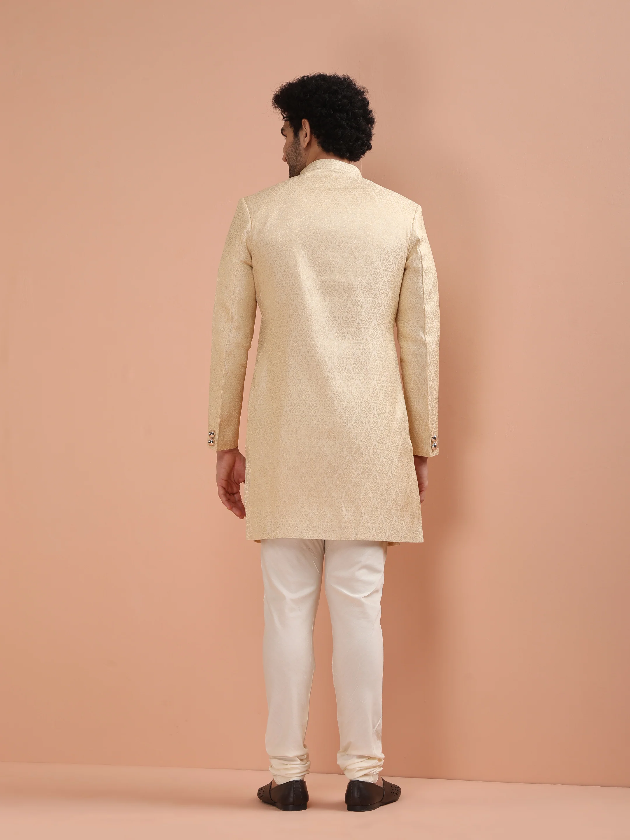 Men Cream Jacquard Indowestern Churidar Set with Ethnic Motifs - Image 4