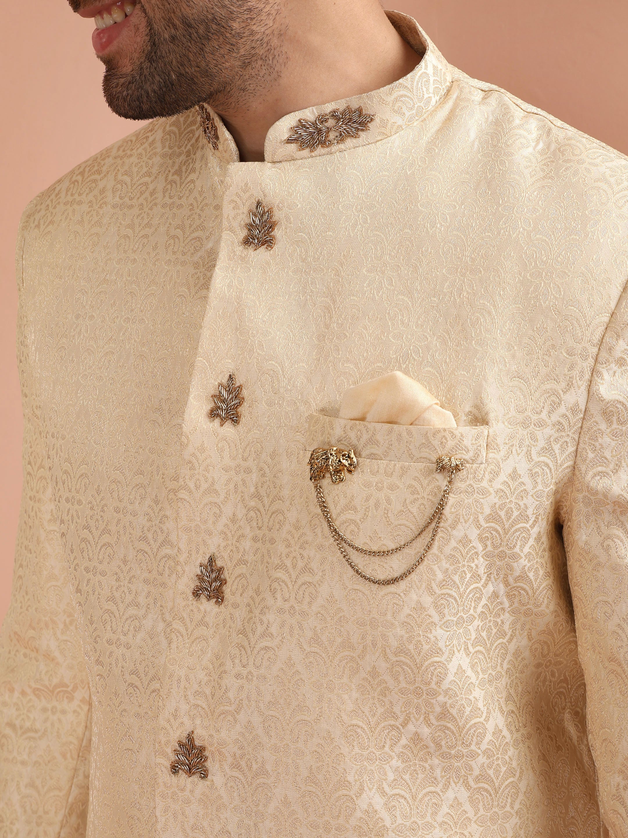 Men Cream Jacquard Indowestern Churidar Set with Ethnic Motifs - Image 5