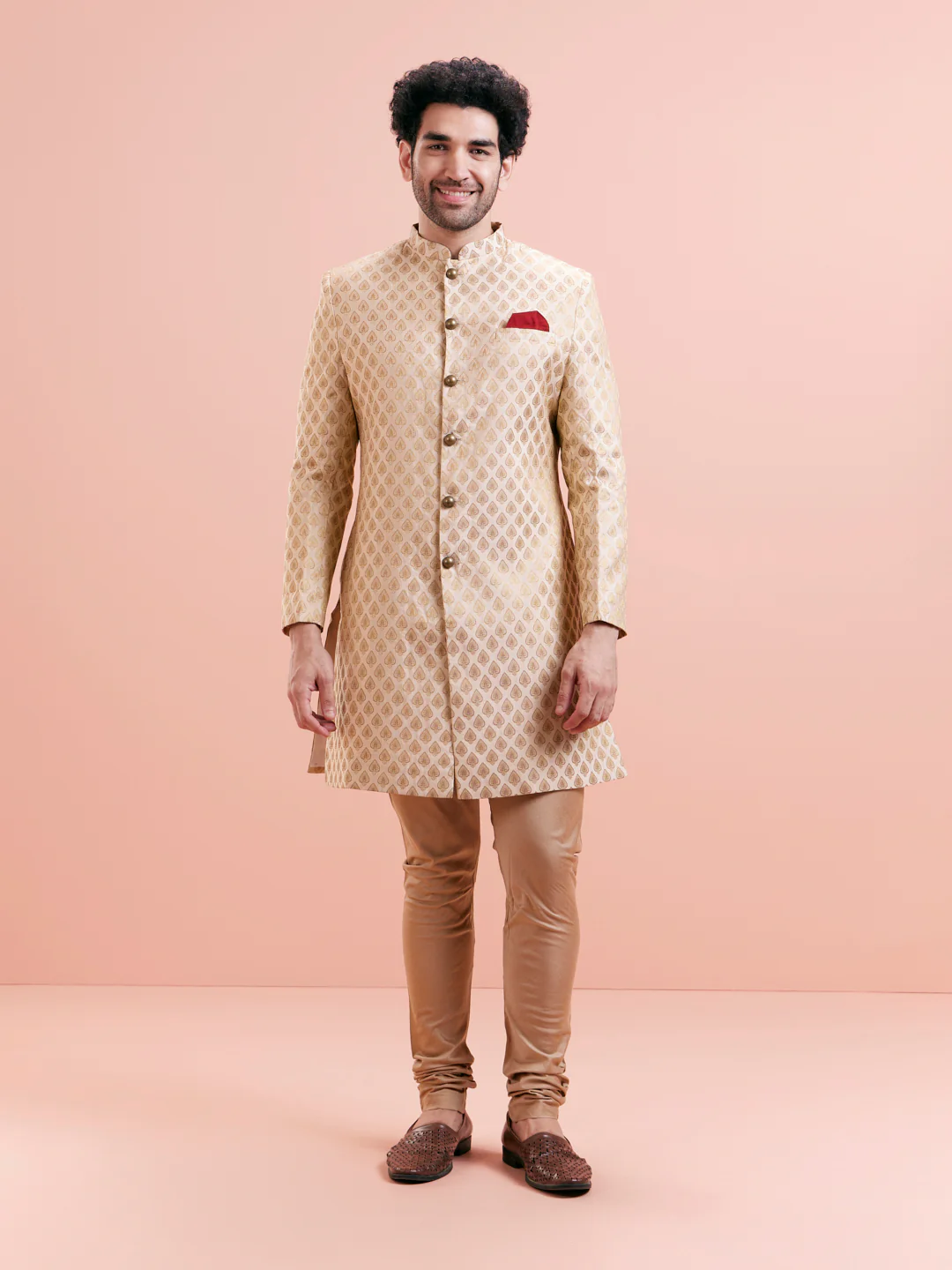 Beige Silk Blend Textured Sherwani Churidar Set - Image 3