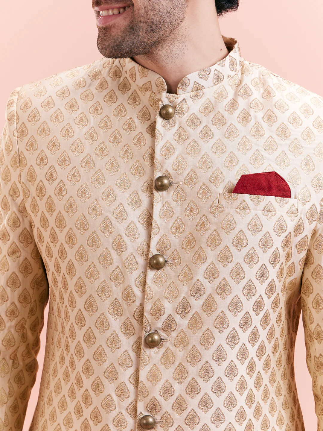 Beige Silk Blend Textured Sherwani Churidar Set - Image 6