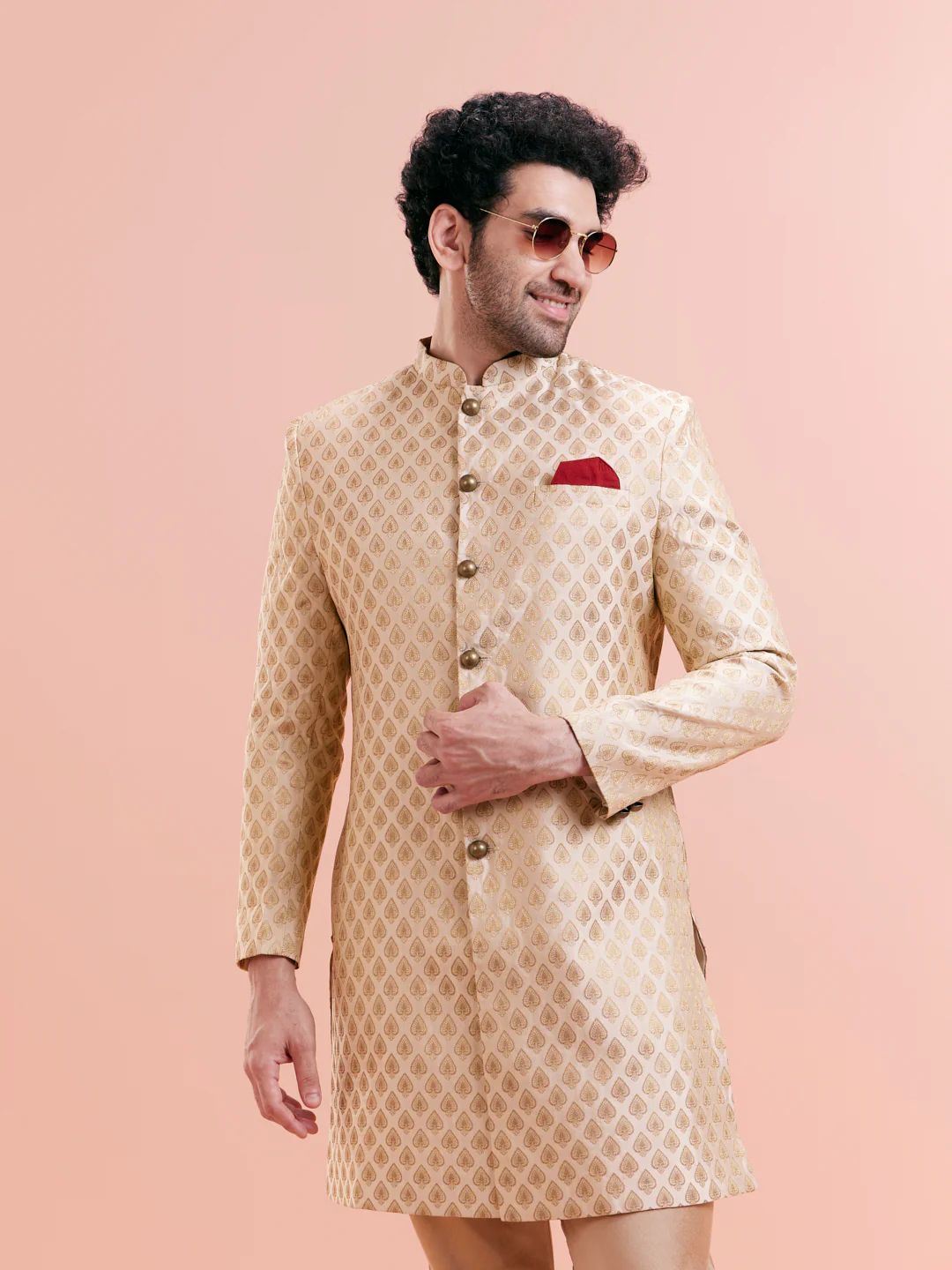 Beige Silk Blend Textured Sherwani Churidar Set - Image 7