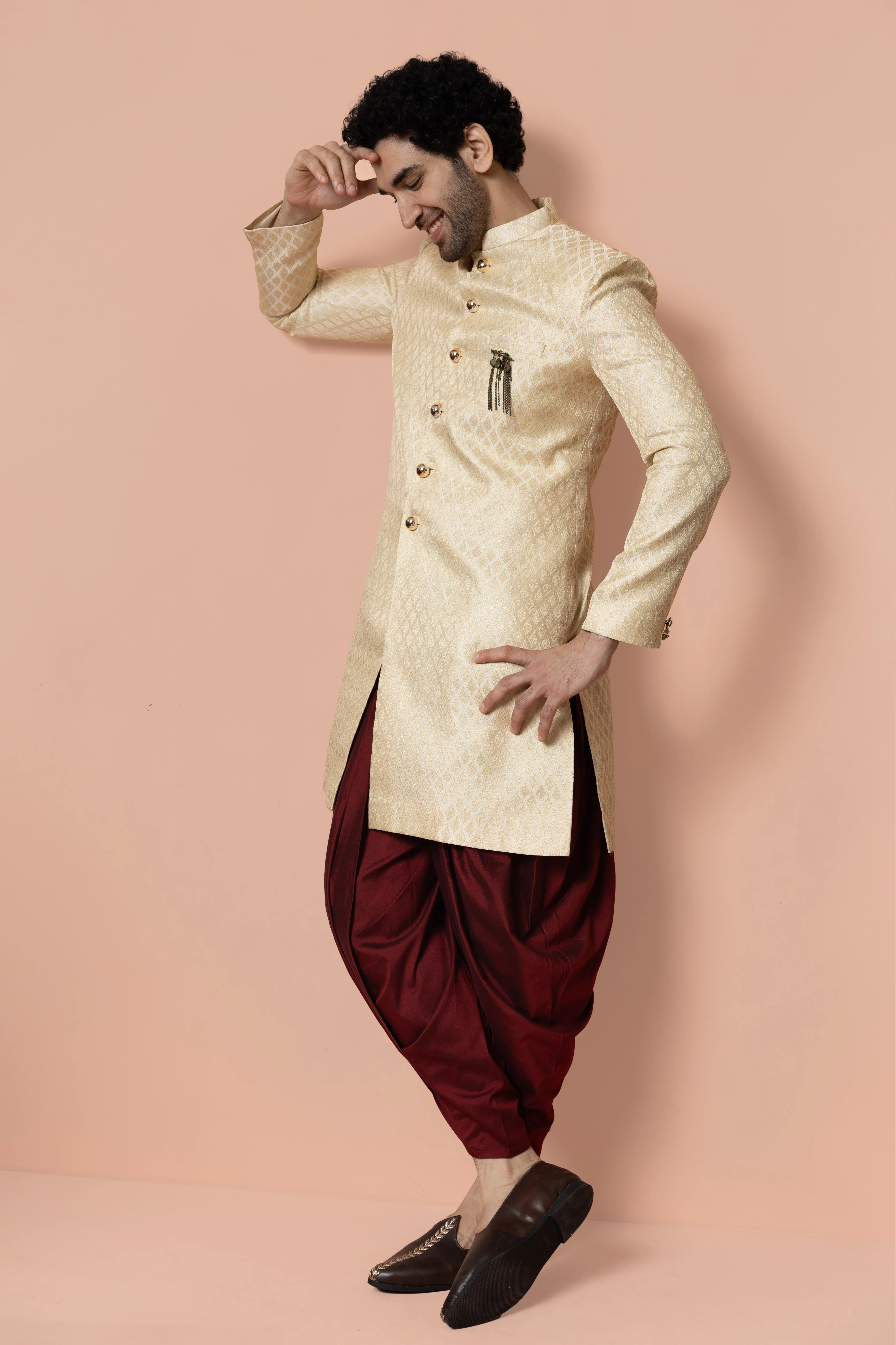 Men Cream Textured Solid Indowestern Dhoti Set - Image 3