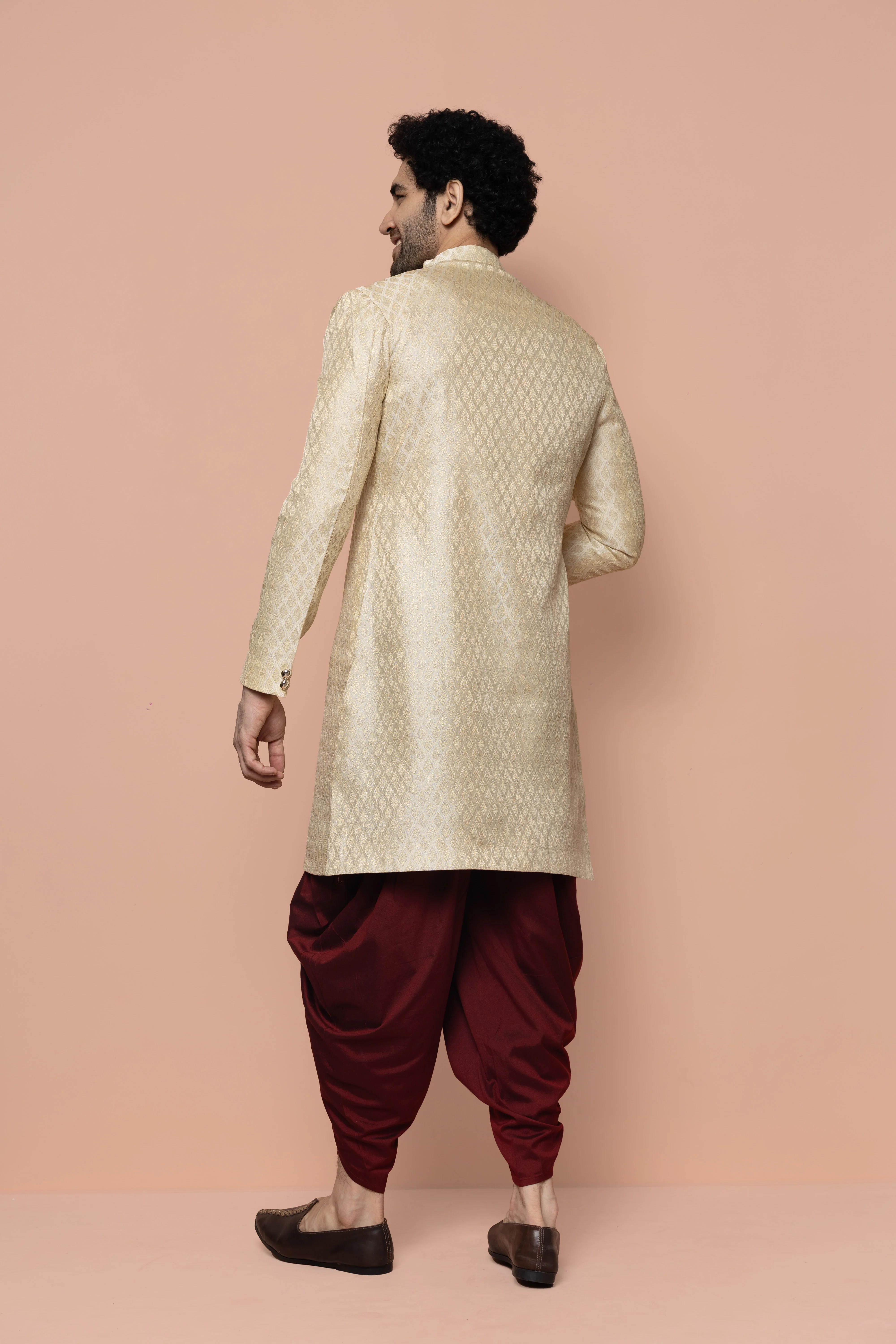 Men Cream Textured Solid Indowestern Dhoti Set - Image 4