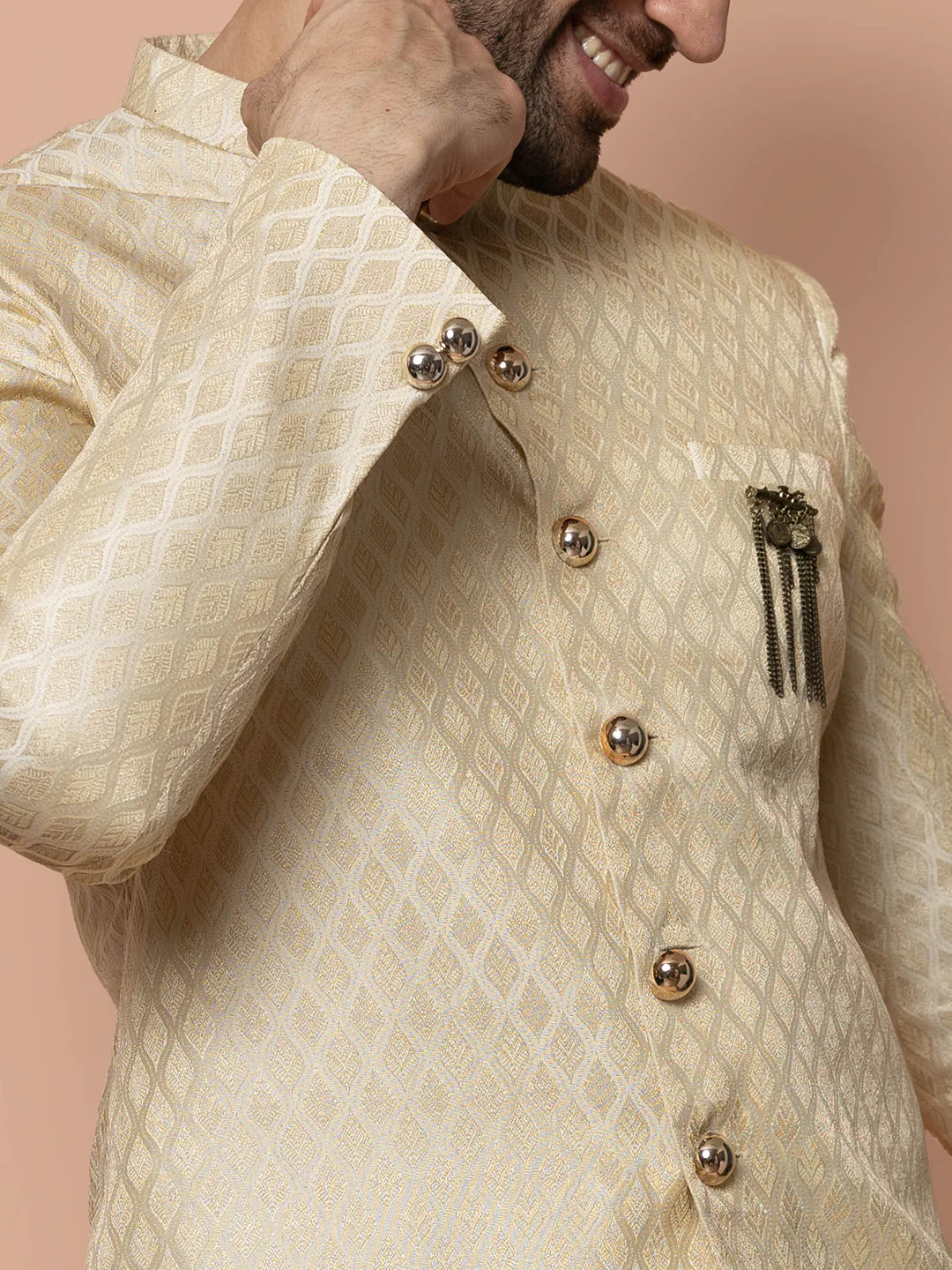 Men Cream Textured Solid Indowestern Dhoti Set - Image 5