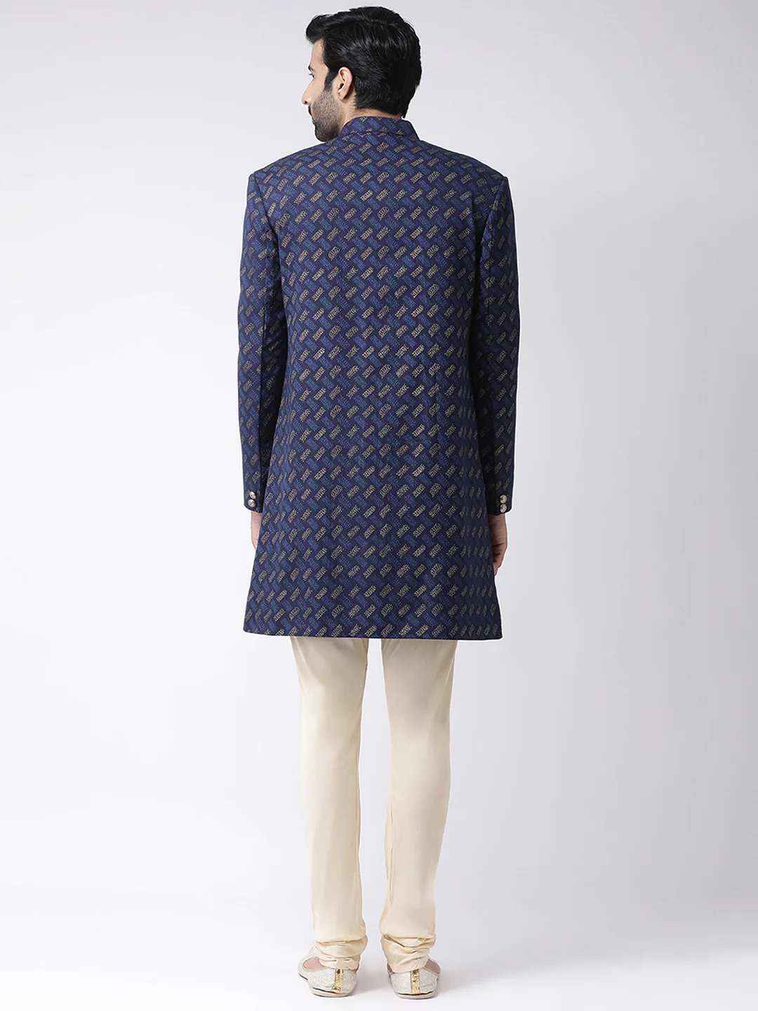 Navy Blue Jacquard Sherwani with Beige Churidar - Image 2