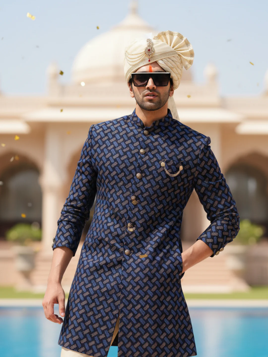 Navy Blue Jacquard Sherwani with Beige Churidar - Image 10