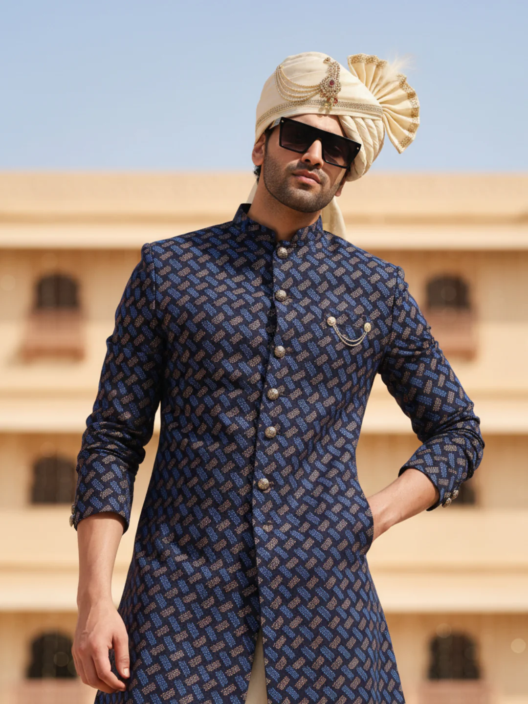Navy Blue Jacquard Sherwani with Beige Churidar - Image 2