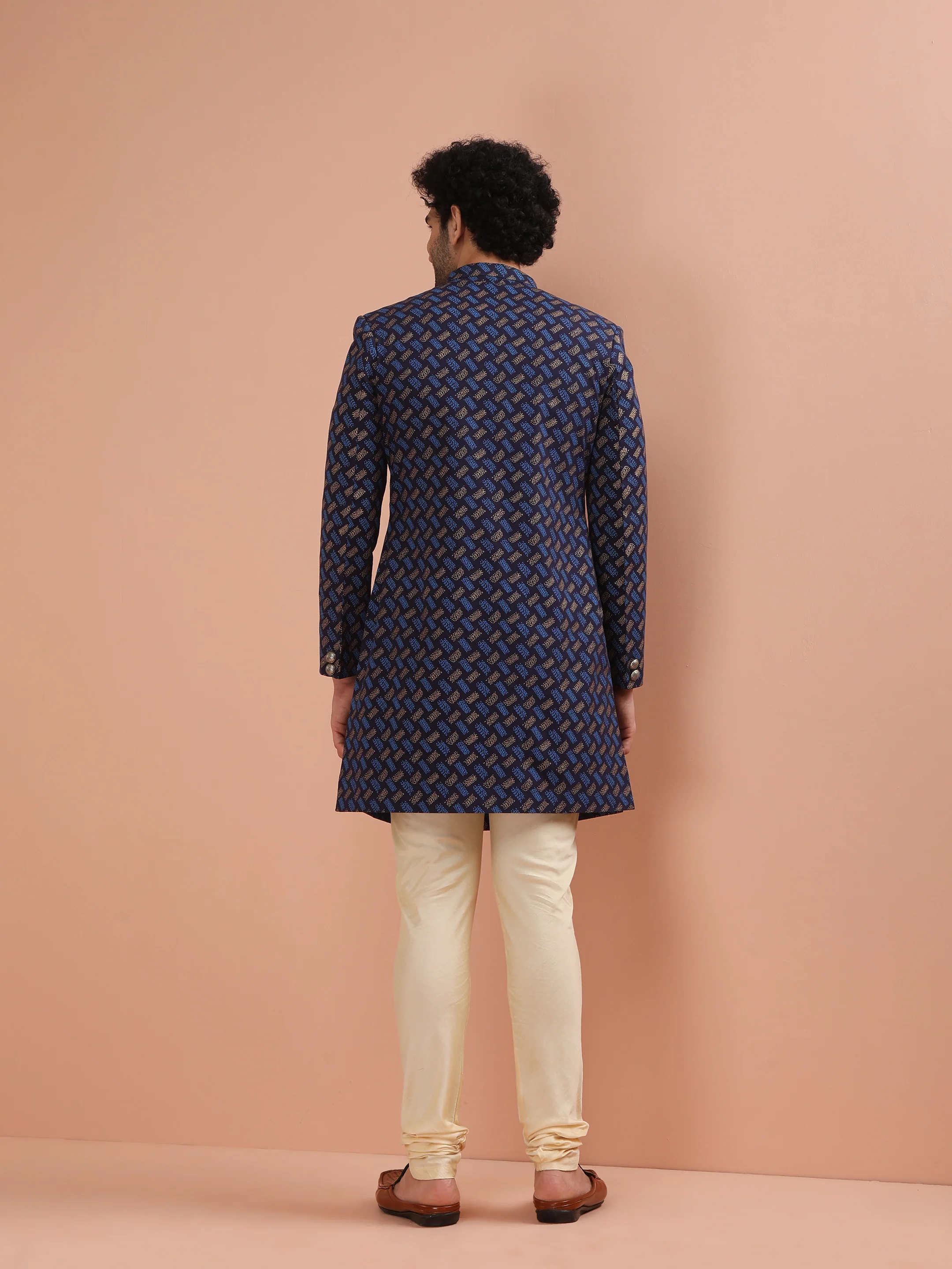 Navy Blue Jacquard Sherwani with Beige Churidar - Image 5