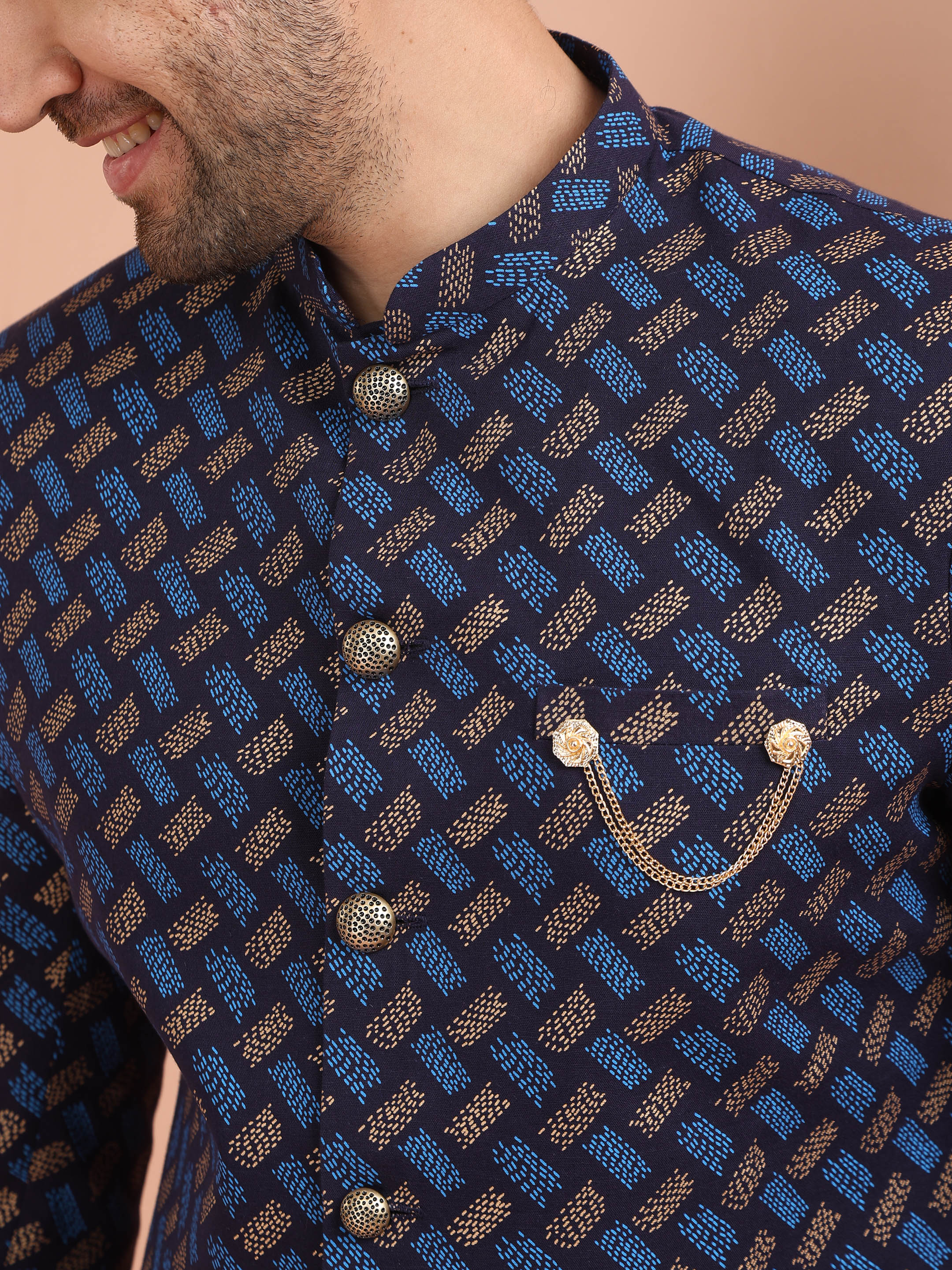 Navy Blue Jacquard Sherwani with Beige Churidar - Image 6
