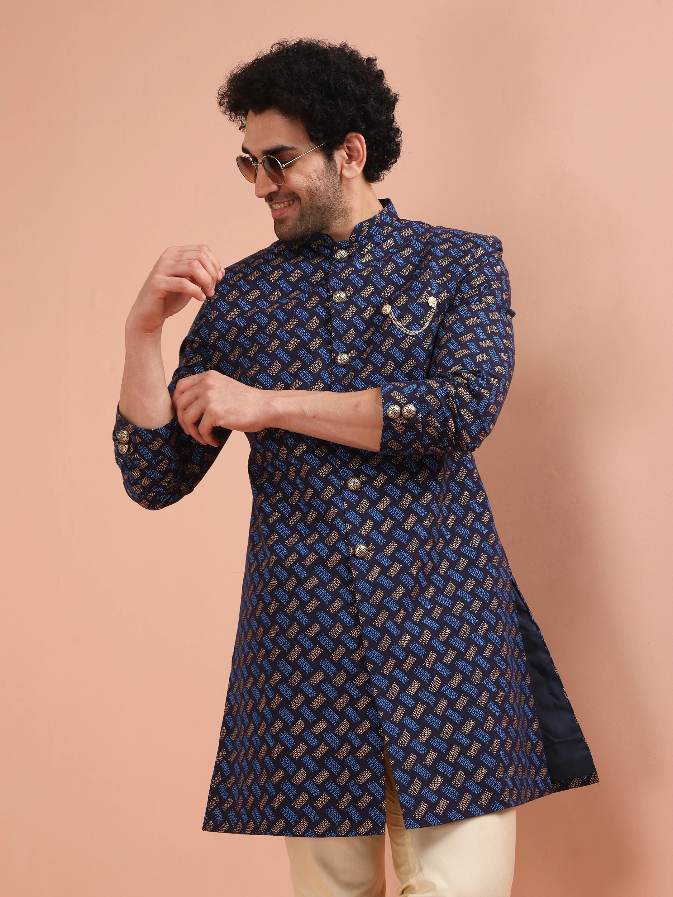 Navy Blue Jacquard Sherwani with Beige Churidar - Image 8