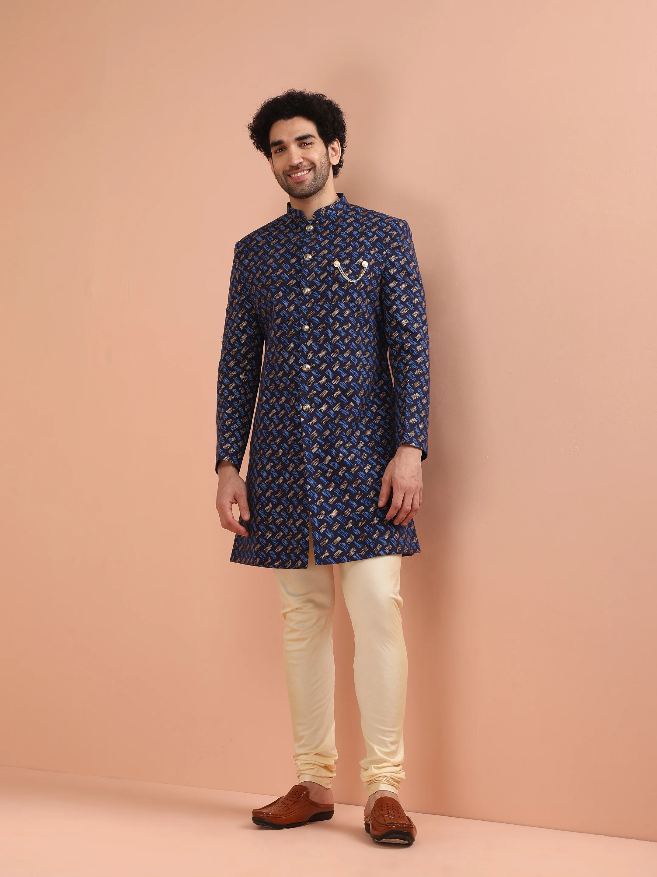 Navy Blue Jacquard Sherwani with Beige Churidar - Image 9
