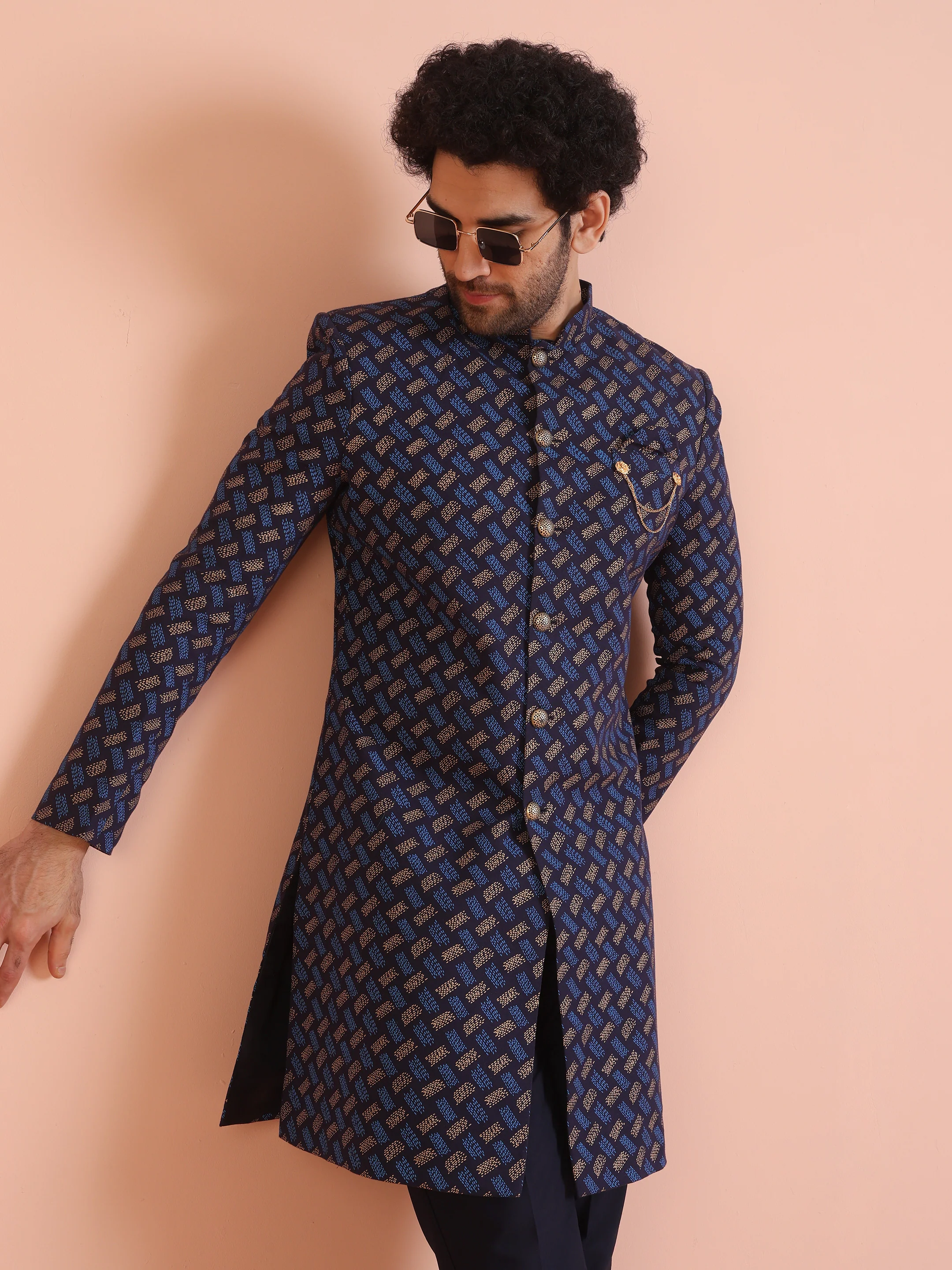 Navy Blue Printed Indo-Western Sherwani Set - Image 7