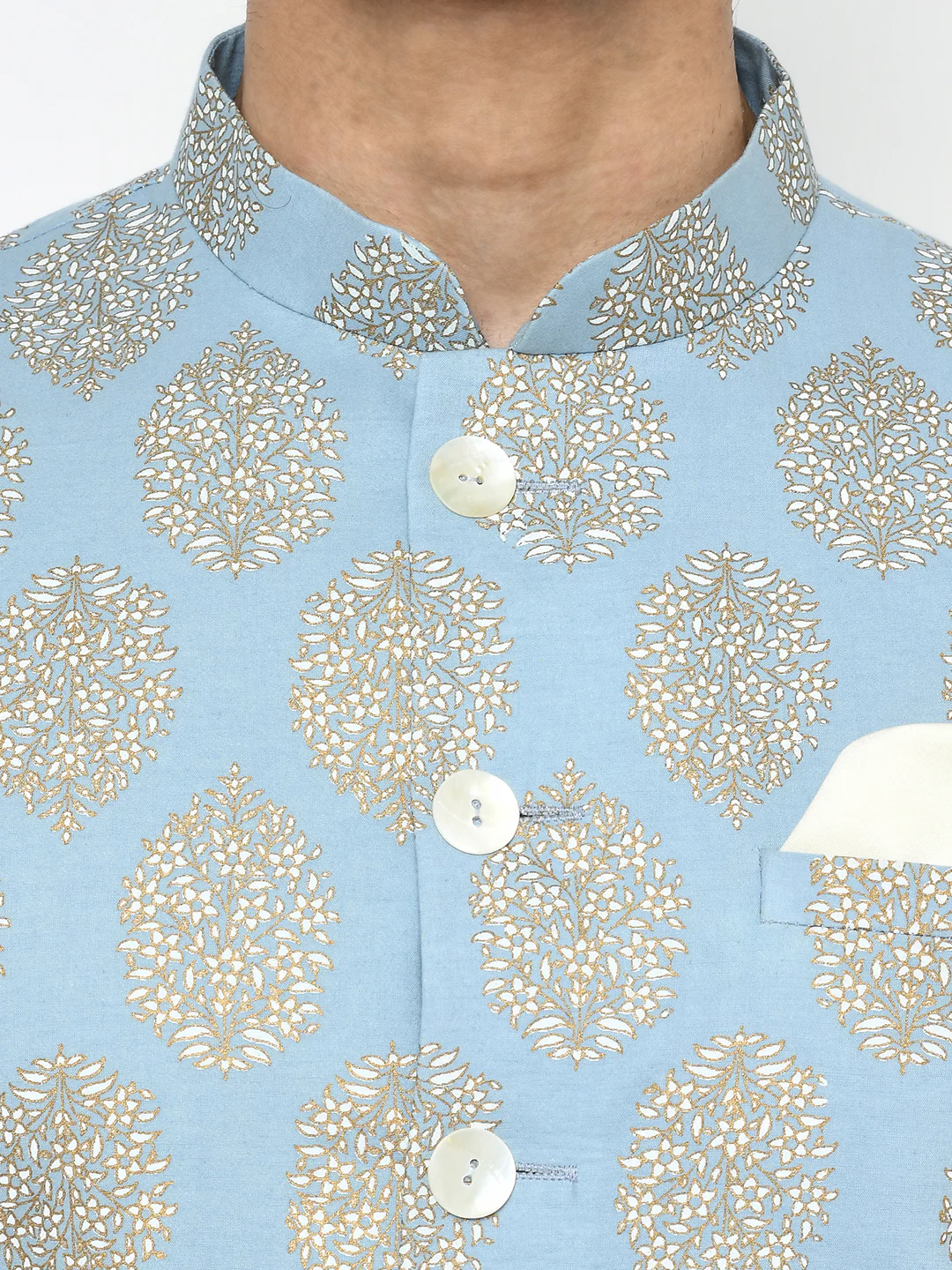 Light Blue Jacquard Sherwani with Cream Churidar - Image 5