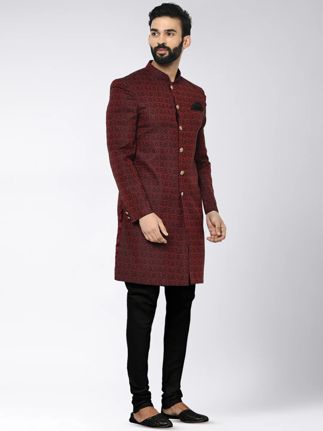 Men Maroon Textured Indowestern Churidar Set - Image 2